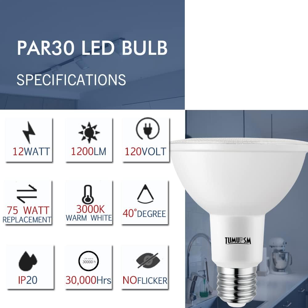 Detalle 2 de TUMUPSM T-PARW12 PAR30 LED Bulbs, 3000K Warm White, Dimmable, 4-Pack