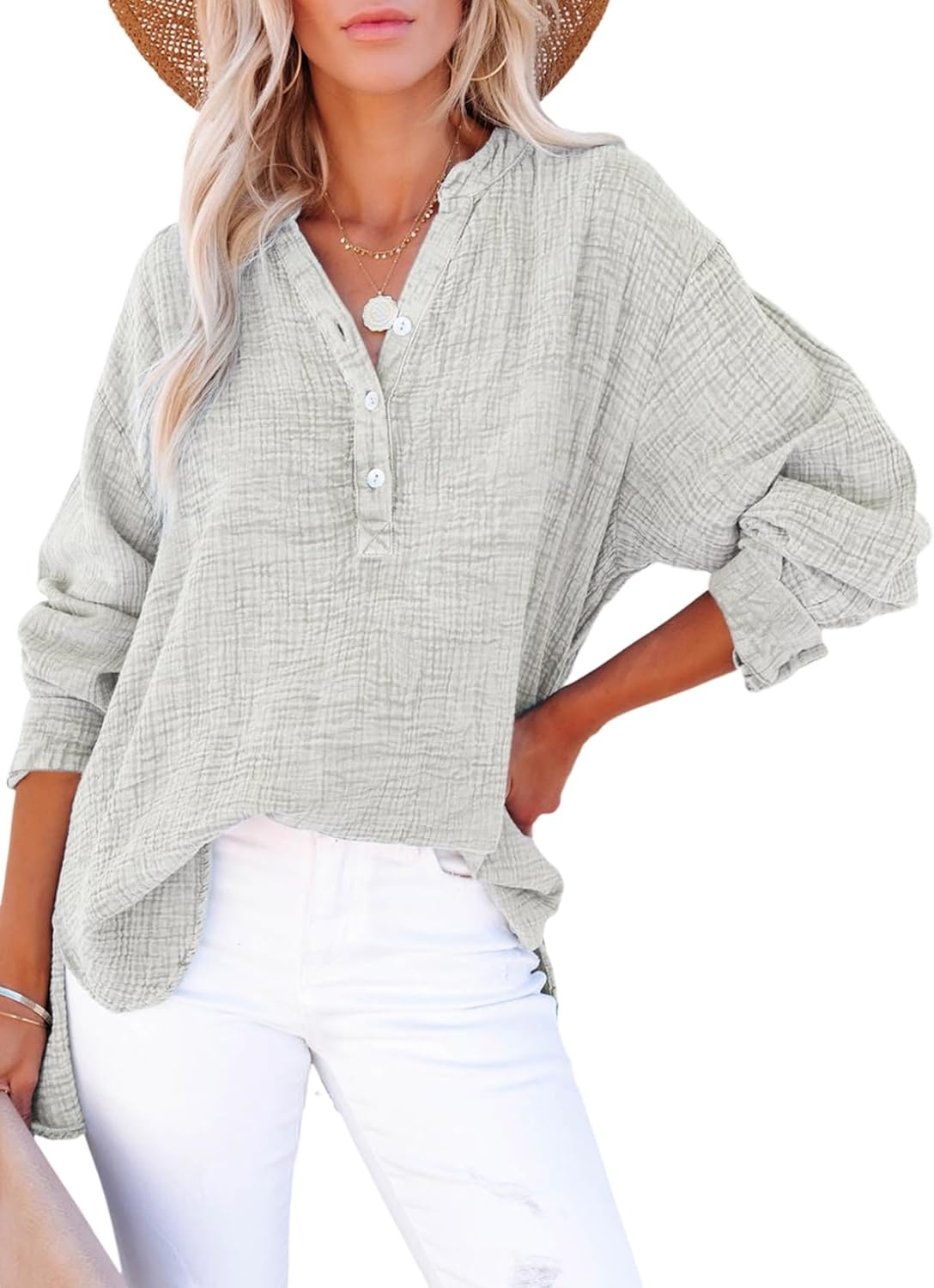 Thumbnail 6 de Dokotoo Women's Casual Button V-Neck Long Sleeve Oversized Solid Blouses Tops