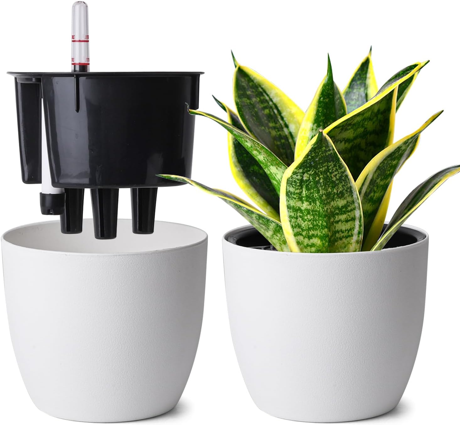 Detalle 2 de T4U zelfbewaterende plantenpotten 15 cm, set van 2, grijs met waterindicator