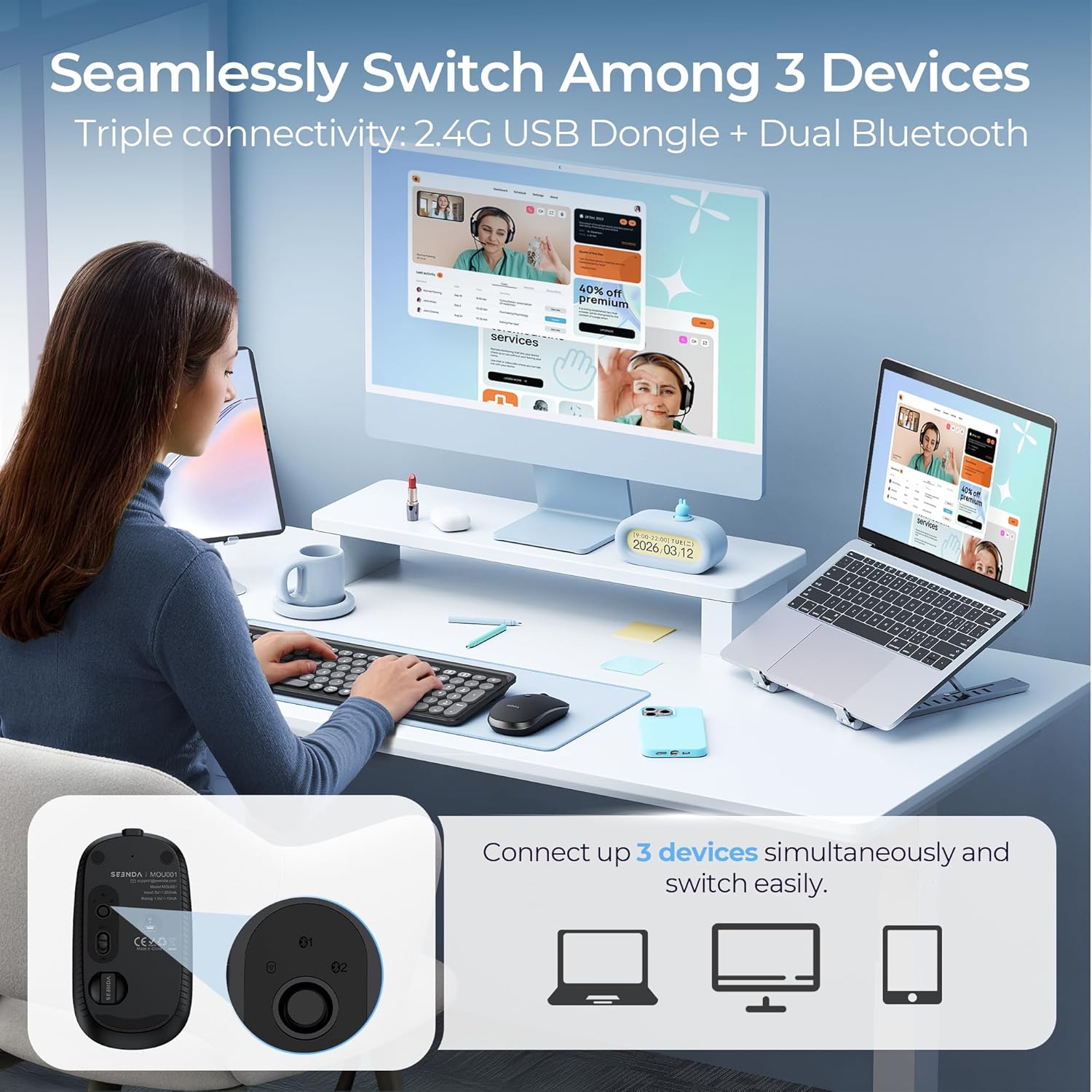 Thumbnail 1 de Seenda MOU001 Rechargeable Silent Bluetooth Wireless Mouse – 3-Device Connectivity