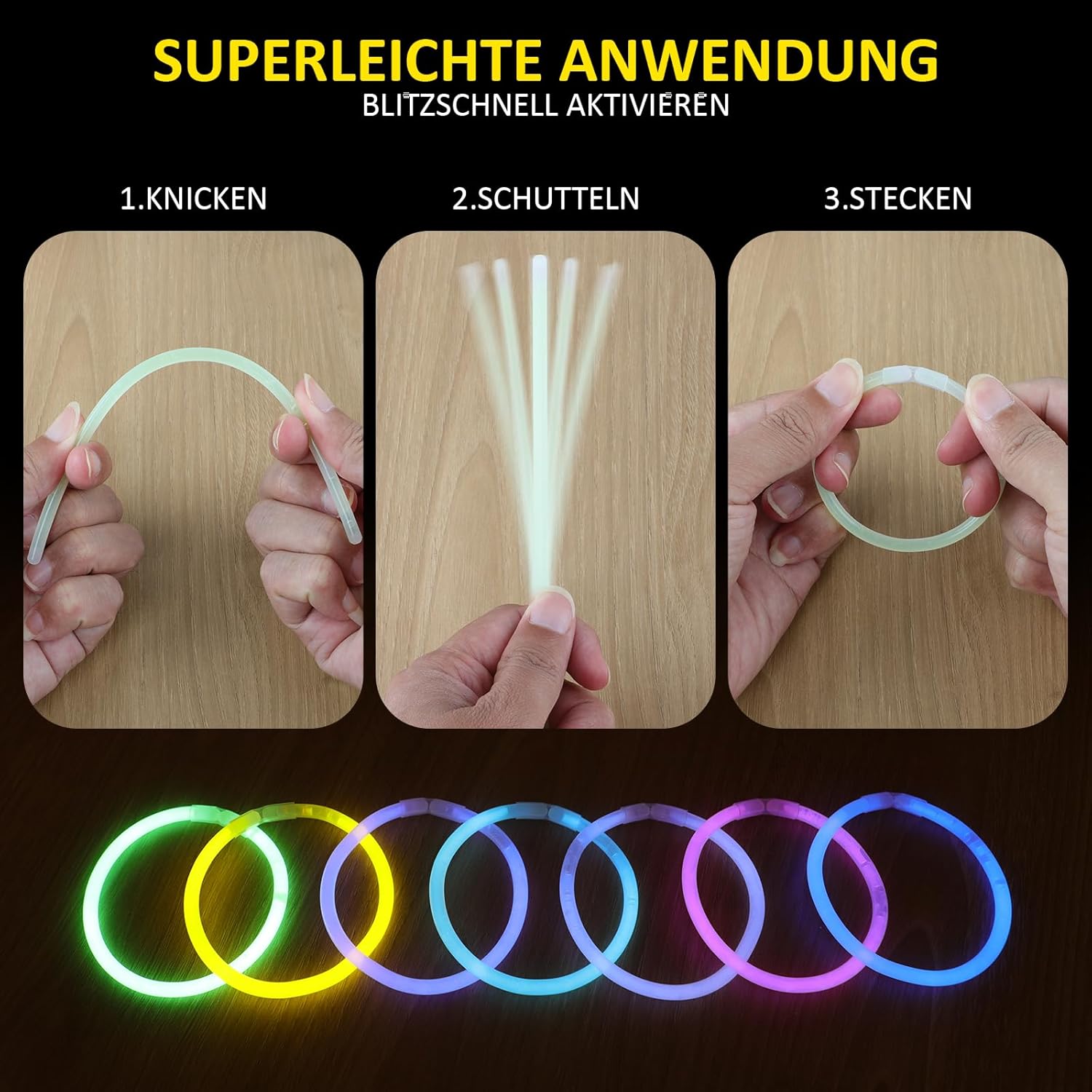 Detalle 1 de UooEA Knicklichter Party Set für Kinder – 200 Leuchtstäbe inklusive Verbindern