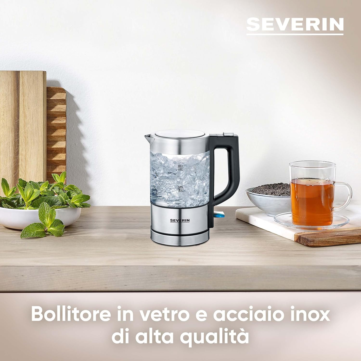 Detalle de SEVERIN Mini Bollitore in Vetro WK 3472 – 0,5 L, 1100W, vetro e acciaio, filtro anticalcare removibile