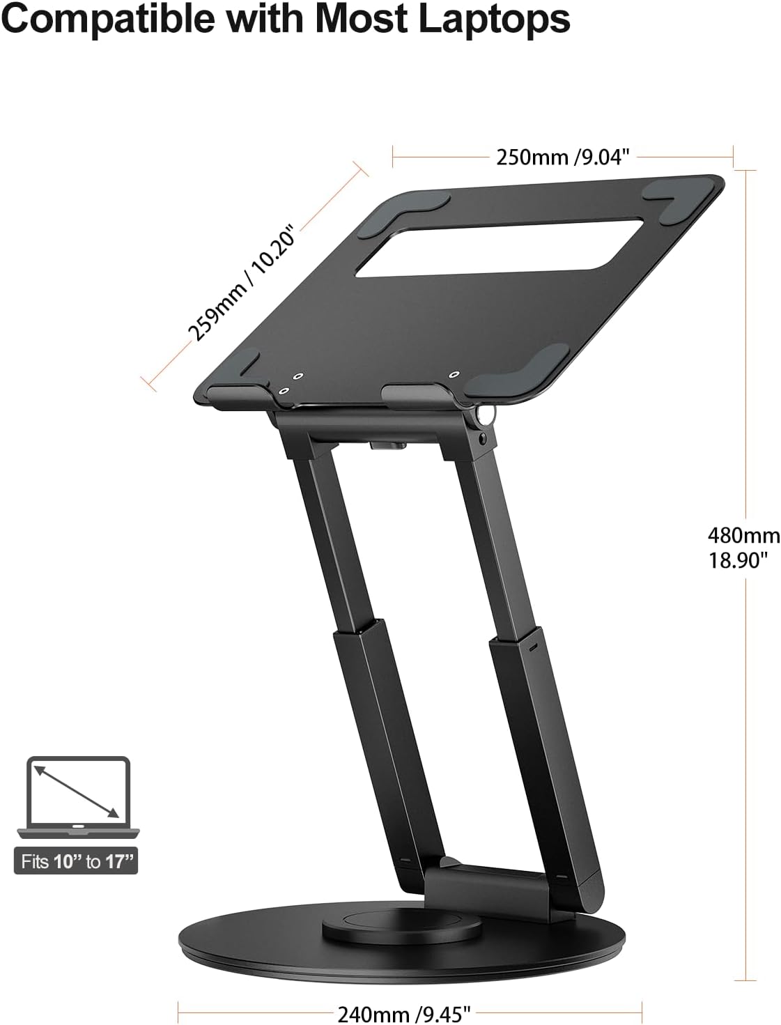Detalle de tounee Laptop Ständer höhenverstellbar mit 360° drehbarer Basis – ergonomischer Laptop-Erhöhung für 10–17" (schwarz)