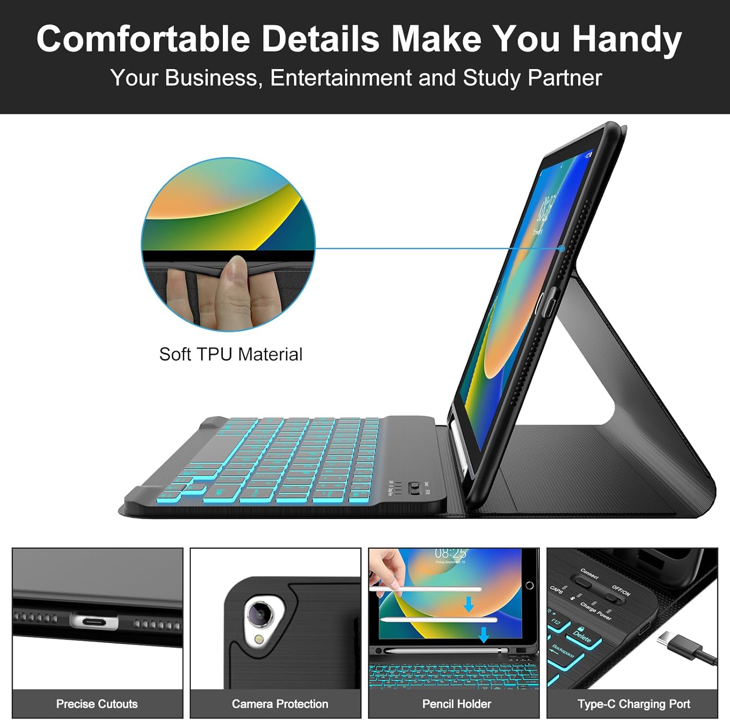 Detalle de BORIYUAN iPad 10.2 inch Case with Keyboard: Detachable Backlit Keyboard, Pencil Holder, and 3 Viewing Angles