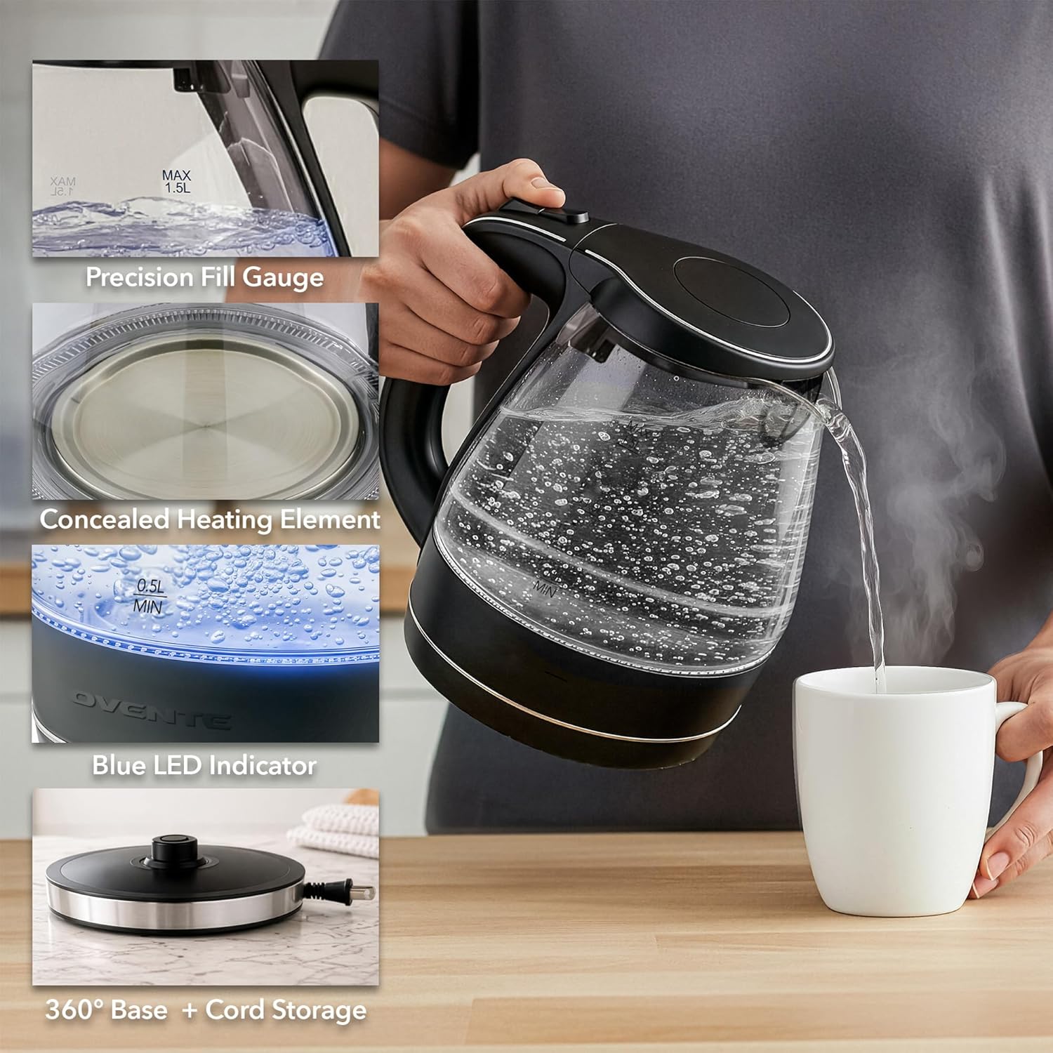 Thumbnail 2 de OVENTE KG83B Electric Kettle (1.5L) Borosilicate Glass Countertop Water Heater for Coffee or Tea