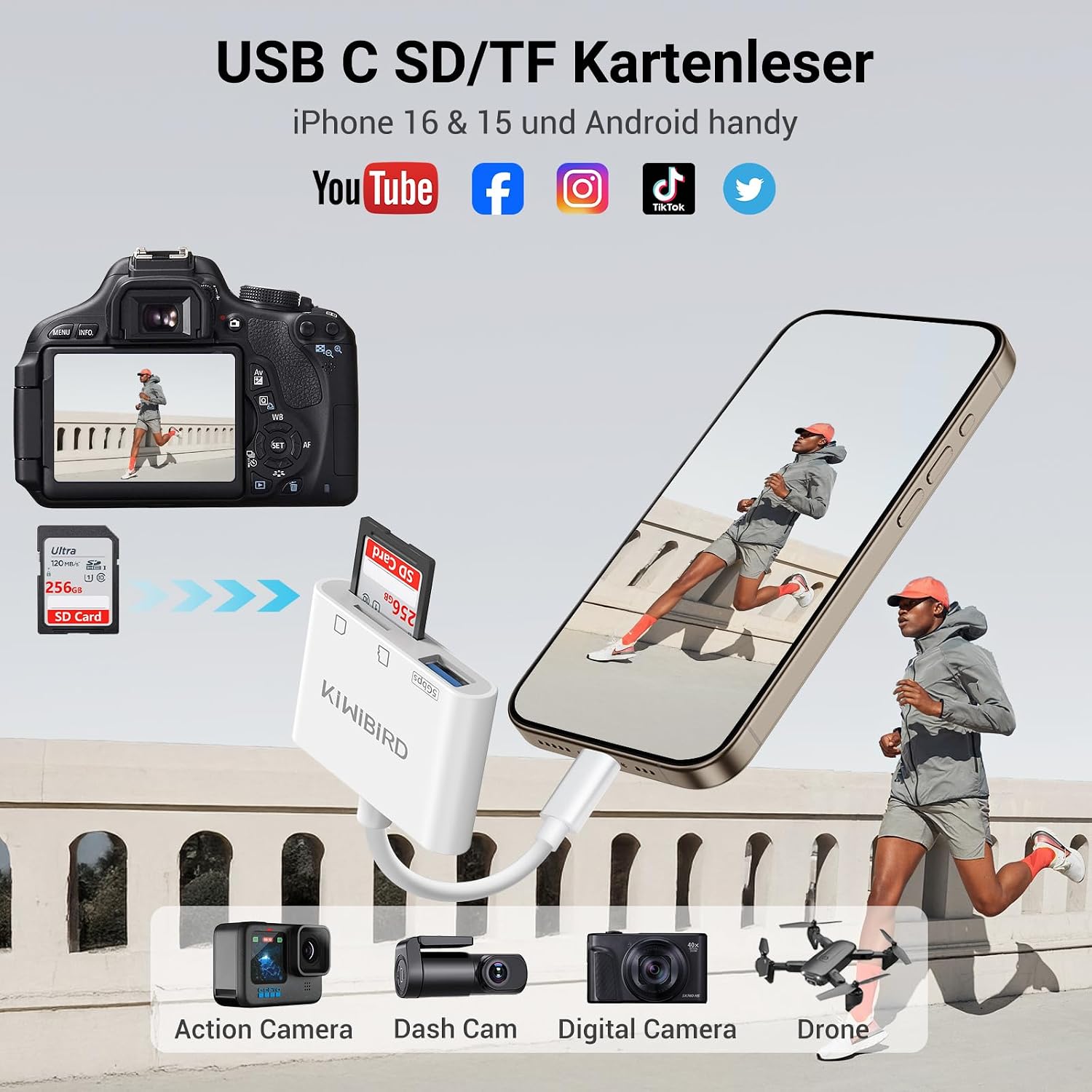 Detalle de KiWiBiRD USB‑C SD/microSD Kartenleser – Adapter für SDHC/SDXC & microSDHC/microSDXC (UHS‑I, UHS‑I, bis 60 MB/s)