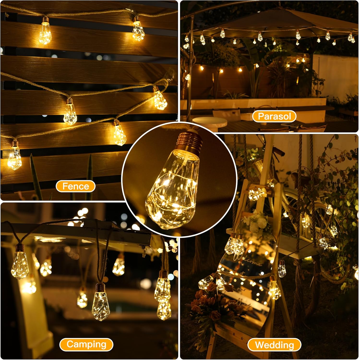 Thumbnail 5 de Ollny Solar Hemp Rope Festoon Lights (6m) with Remote, 16 Shatterproof S17 Bulbs, 160 LEDs, 8 Modes