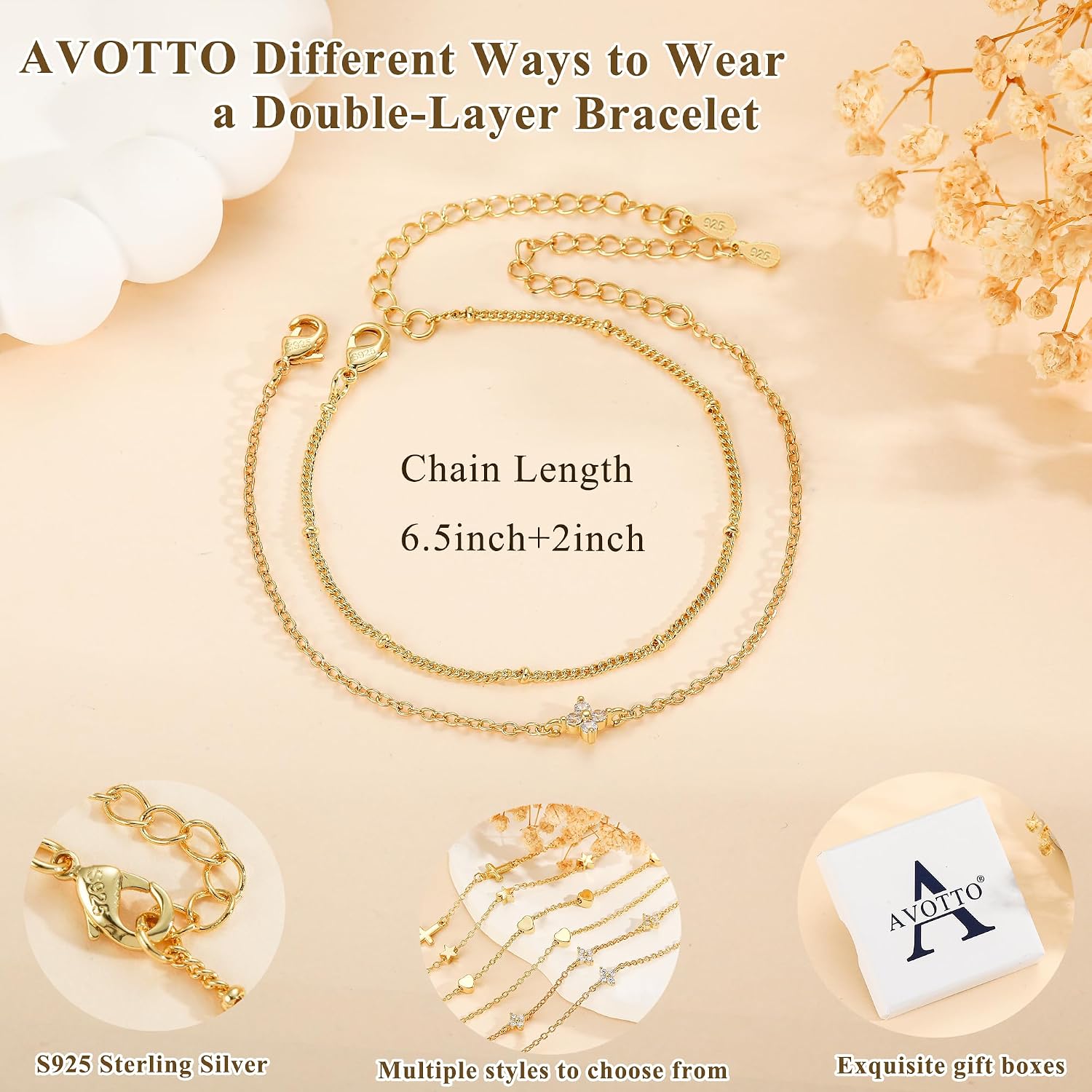 Detalle 2 de Avotto 925 Silber Armband für Damen & Mädchen – hypoallergene gold-layere Optik, verstellbar und stapelbar