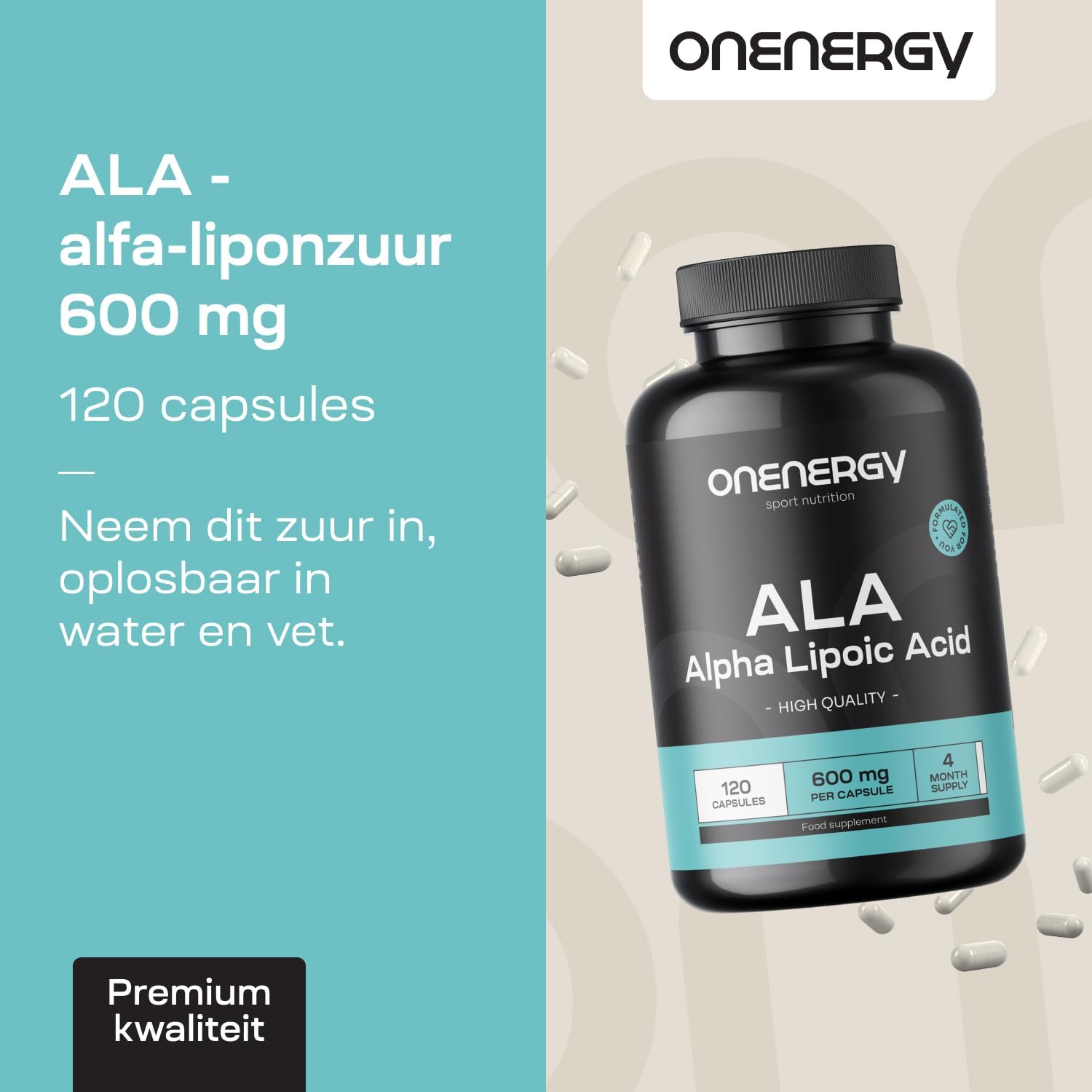 Detalle de ONENERGY ALA alfa-liponzuur 600 mg, 120 plantaardige capsules