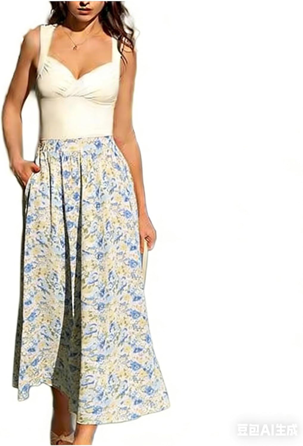 Detalle de Belle Poque Jupe Maxi Plissée Trapèze – Floral, légère et fluide