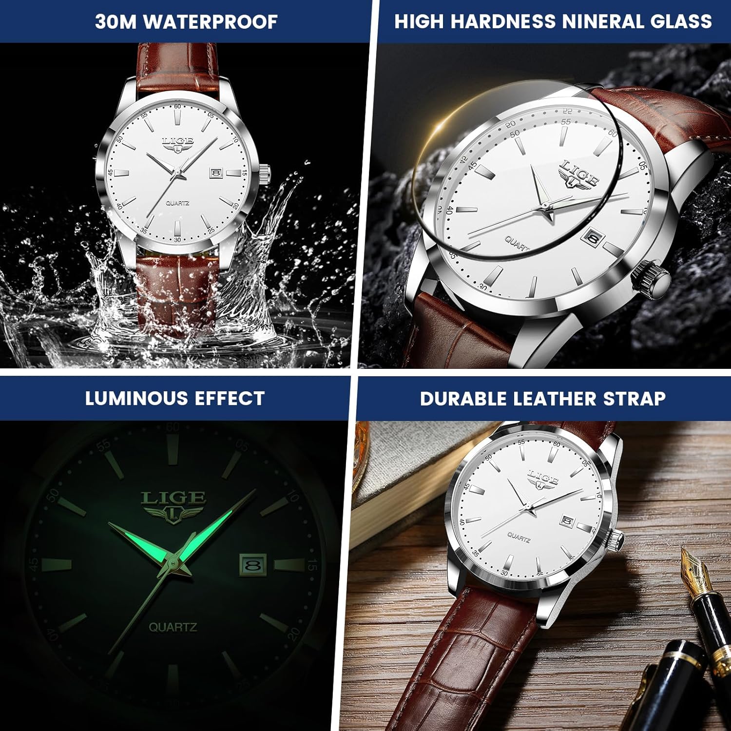 Thumbnail 2 de LIGE Herren Quarzuhr wasserdicht mit Datum, Edelstahlgehäuse und Lederarmband