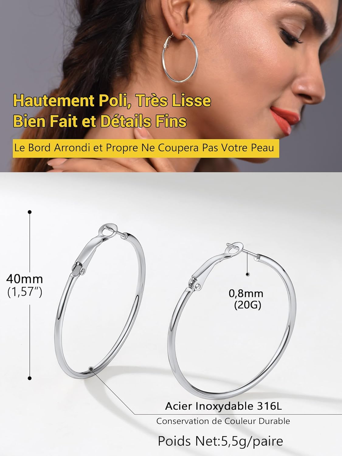 Thumbnail 5 de PROSTEEL – Lot de 3 créoles femme en acier inoxydable plaqué or, anneaux 30 mm
