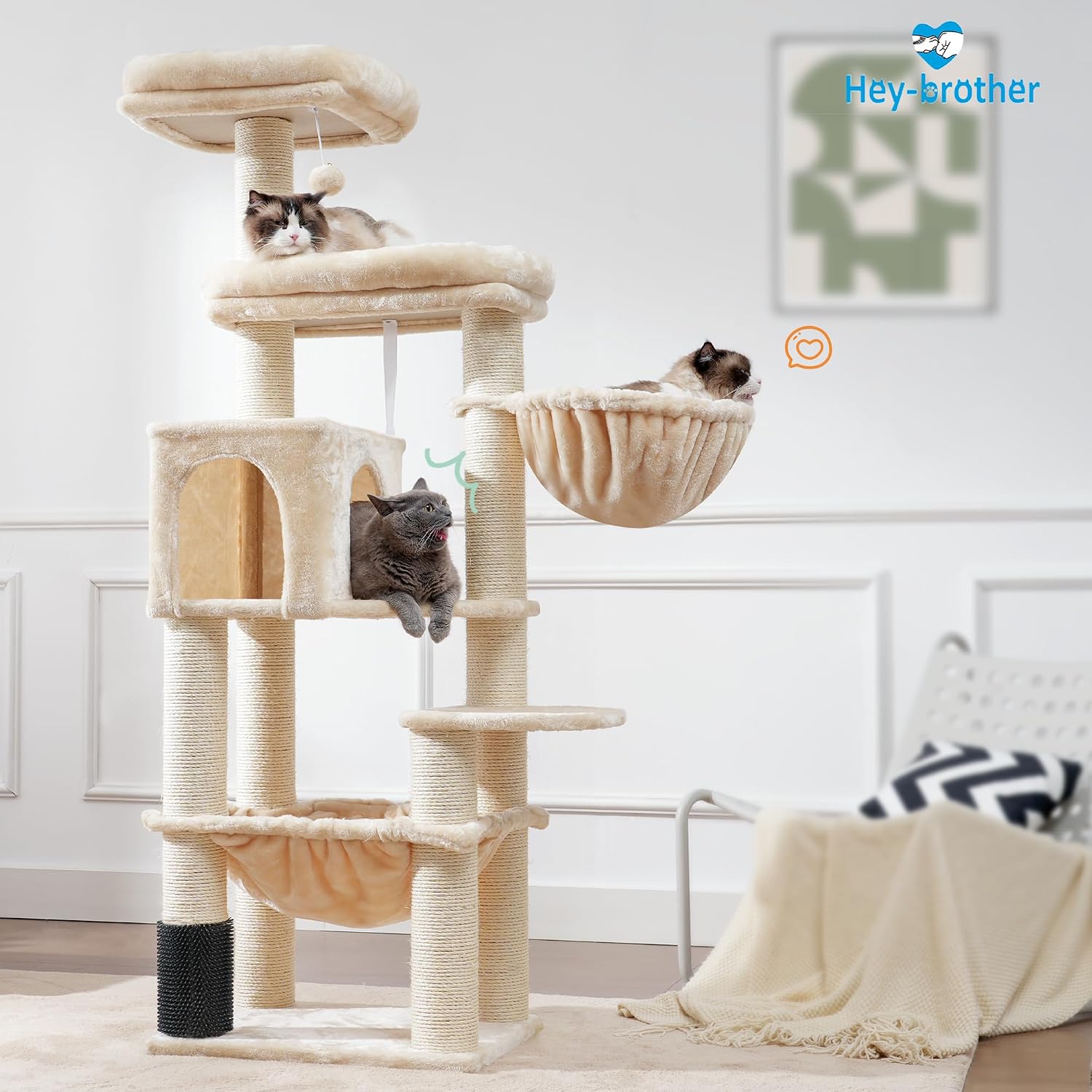 Detalle de Hey-brother XXL Kratzbaum für Maine Coon, 168 cm – XXL-Hängematte, 11 cm Sisalpfosten, beige