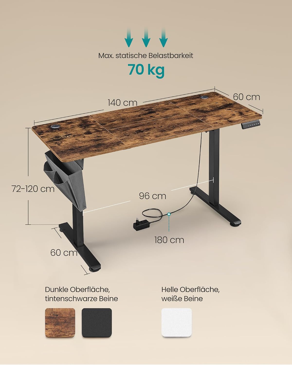 Detalle 2 de Höhenverstellbarer Schreibtisch 140×60 SONGMICS
