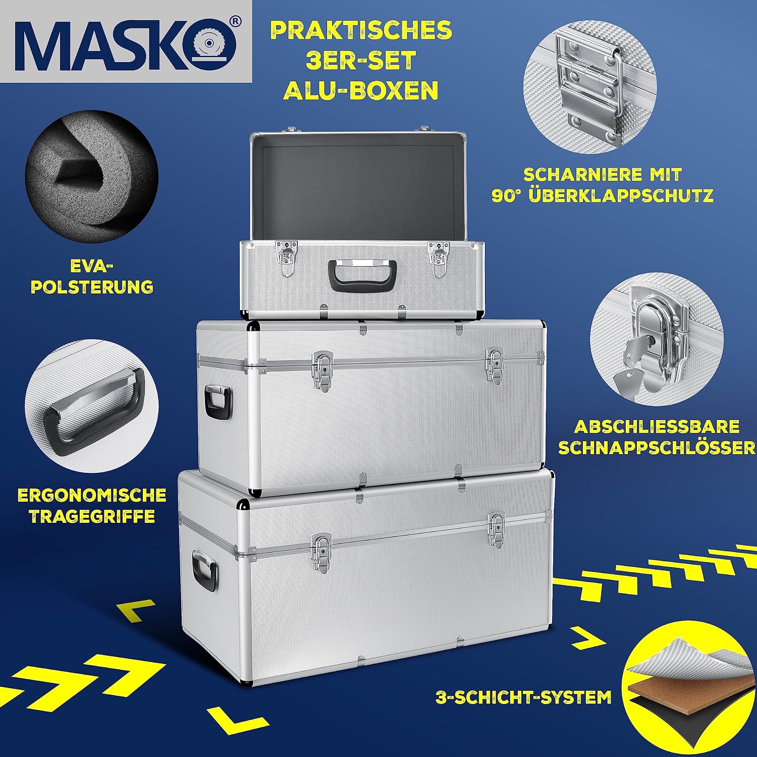 Detalle 2 de Masko 3er-Set Alu-Boxen: Alubox, Alukiste & Werkzeugkoffer als Transportbox