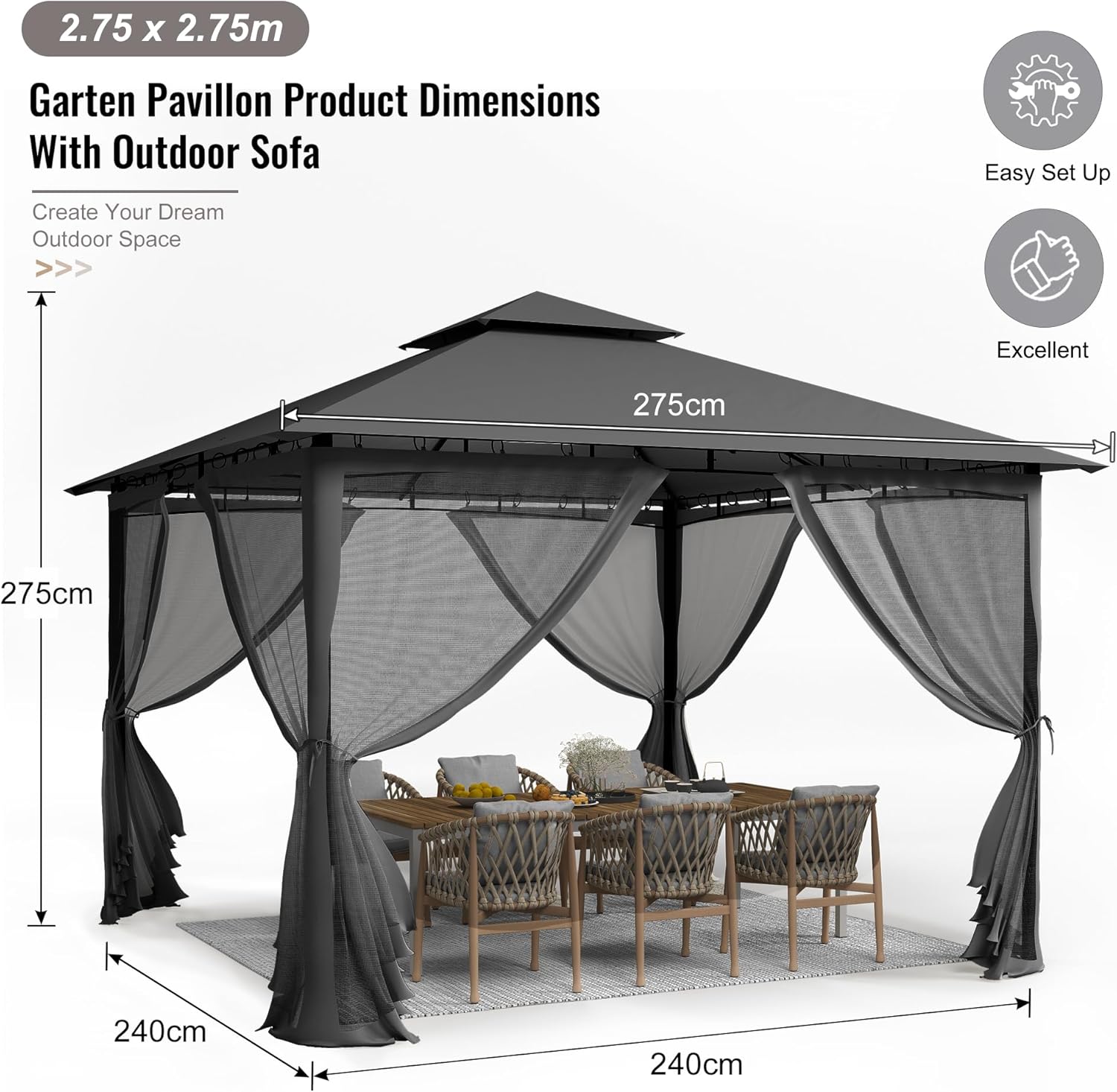 Thumbnail 4 de UDPATIO Tonnelle de jardin extérieure 2,8x2,8 m double toiture avec moustiquaire – gris