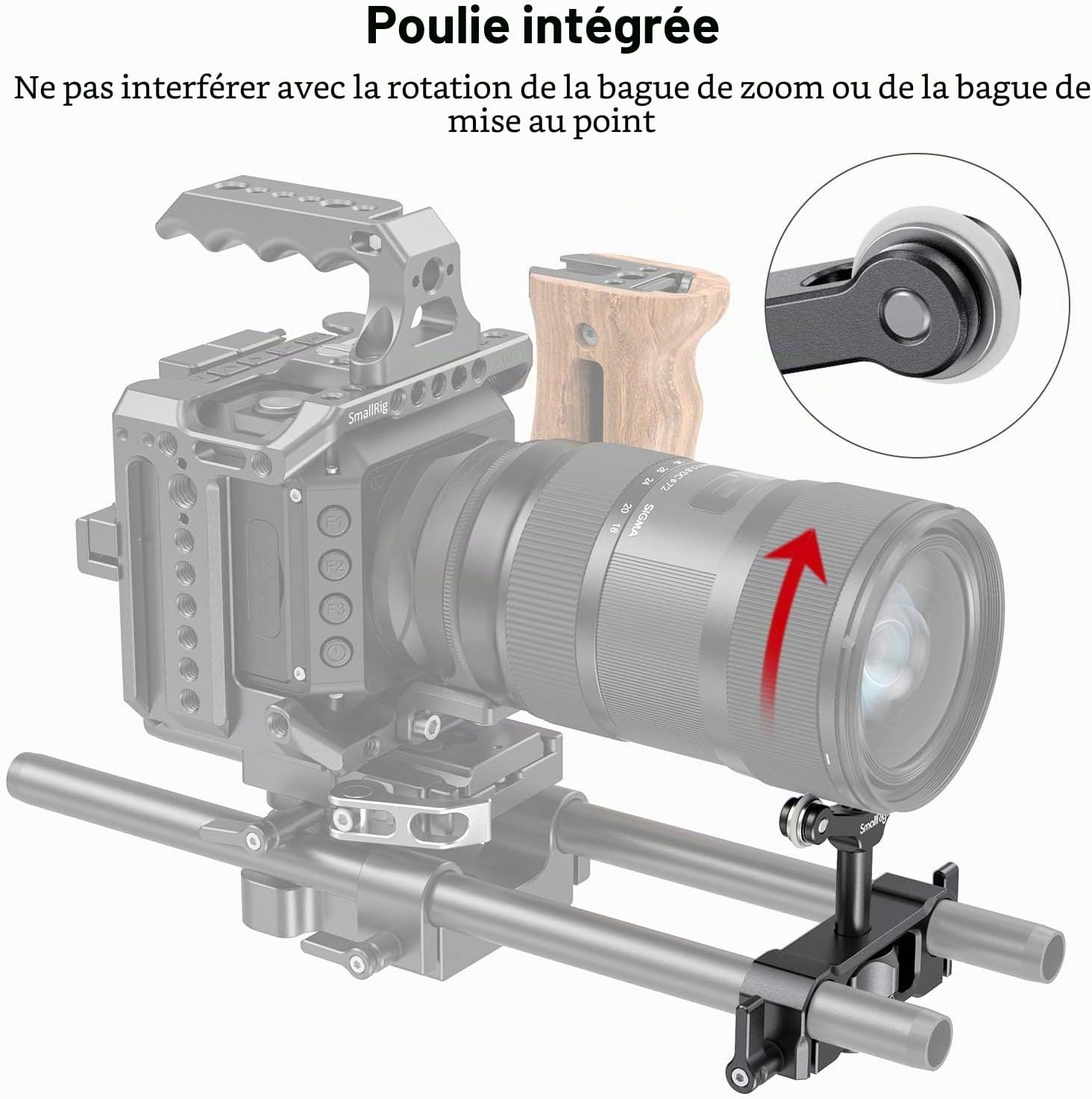 Detalle de SmallRig 2727: Support d’objectif 15 mm pour Ø73–108 mm (2 kg) – stabilité et réglages