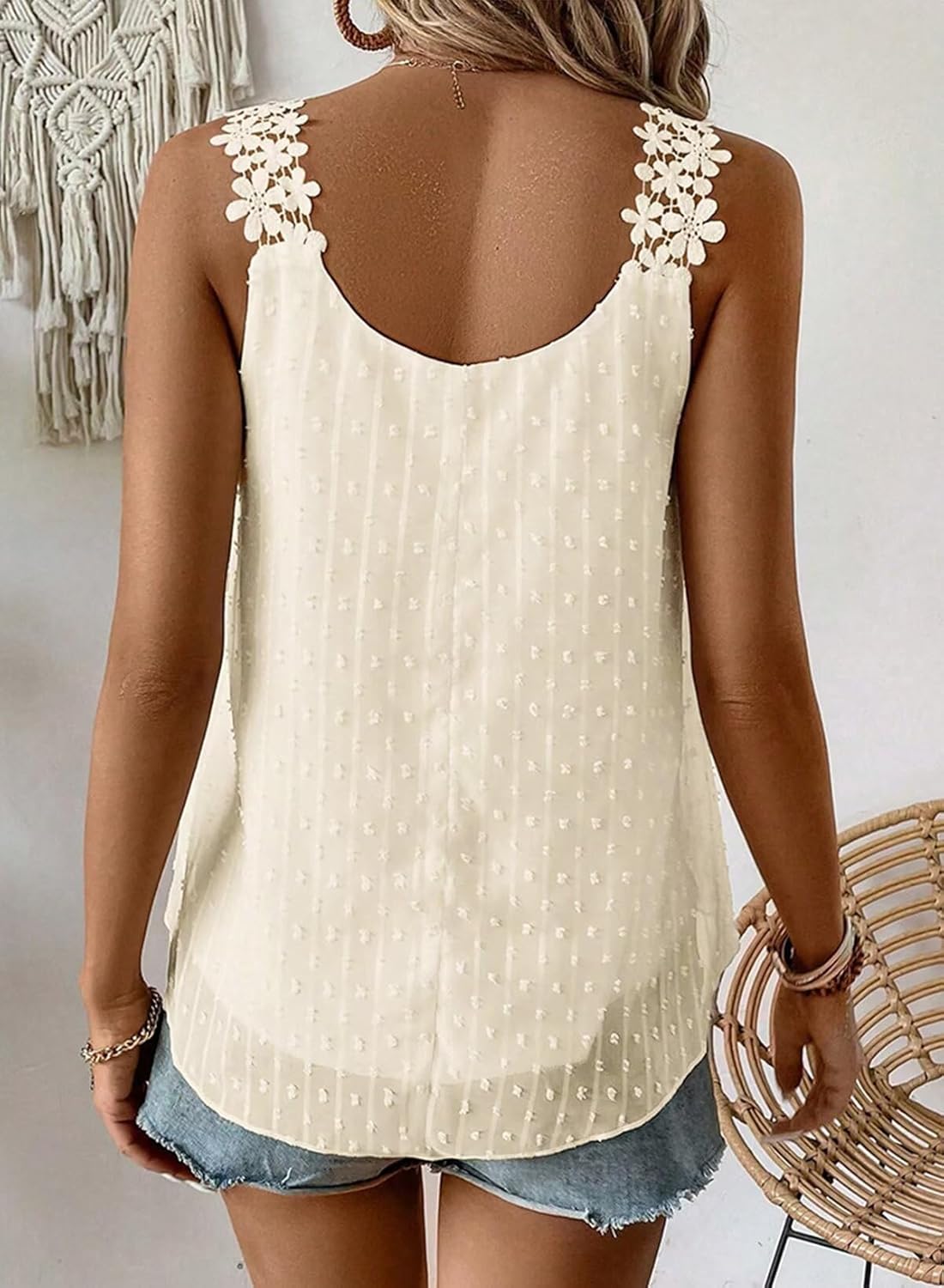 Thumbnail 2 de Womens Boho Flowy Sleeveless Tank Top with Lace Straps - Casual Crewneck Camisole
