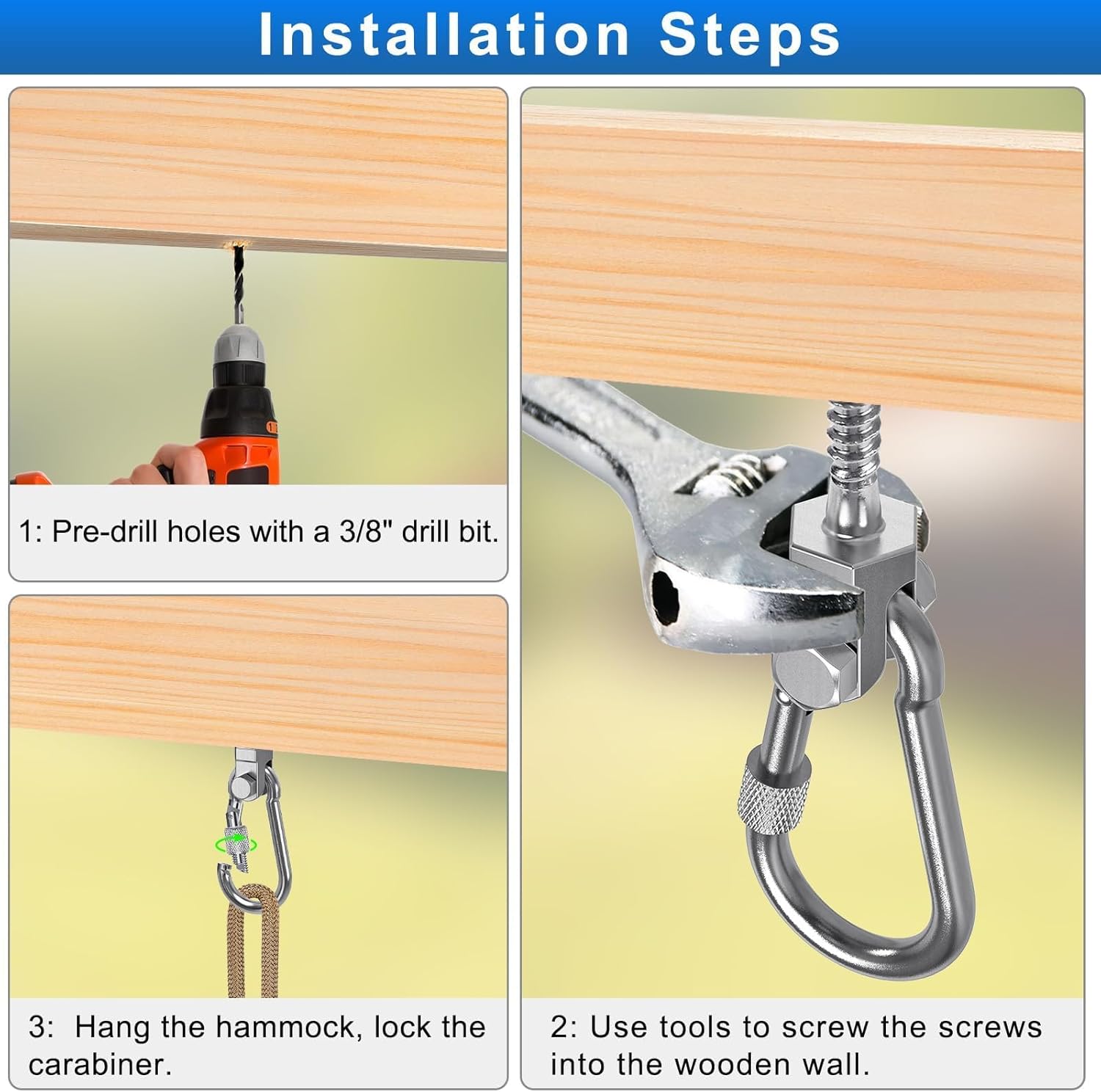 Thumbnail 5 de BeneLabel 4er Schaukelhaken für Holzbalken M10 x 68 mm (inkl. Karabiner, drehbar) – Deckenhalterung für Hängesessel & mehr
