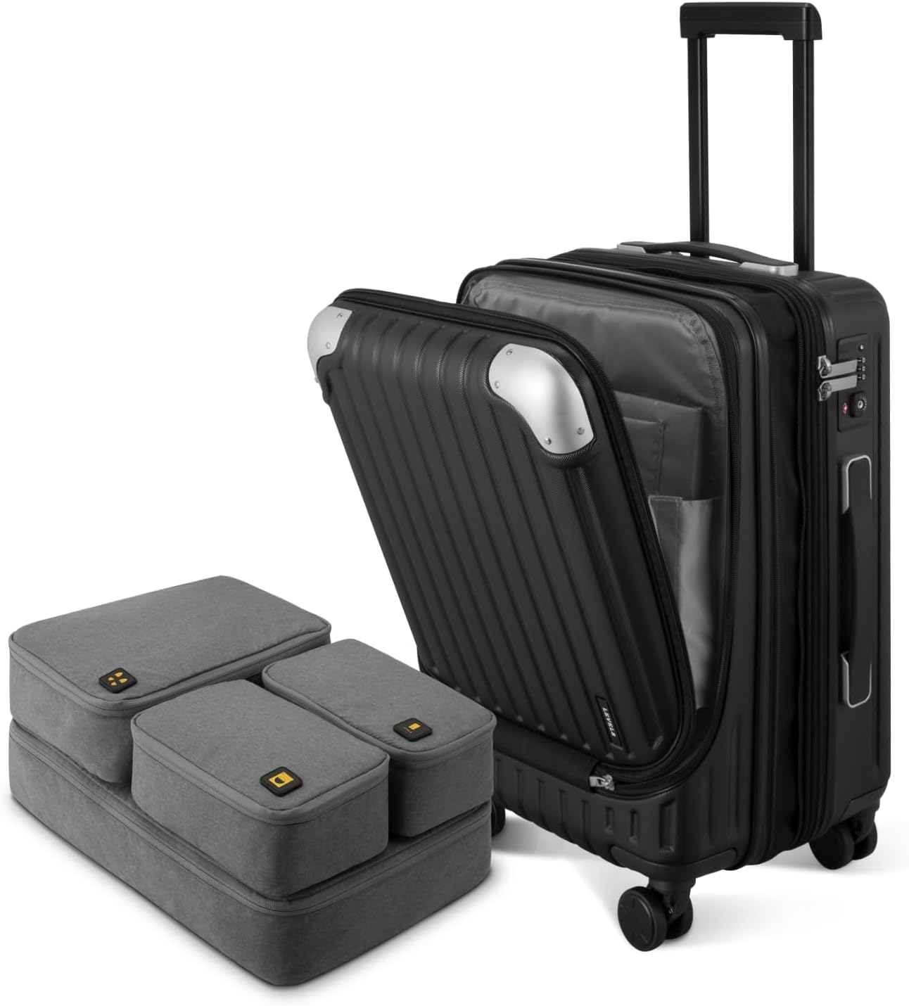 Detalle de LEVEL8 Carry on Suitcase Expandable with 4pc Luggage Organiser Set, 55cm Cabin Spinner with Laptop Compartment (Black)