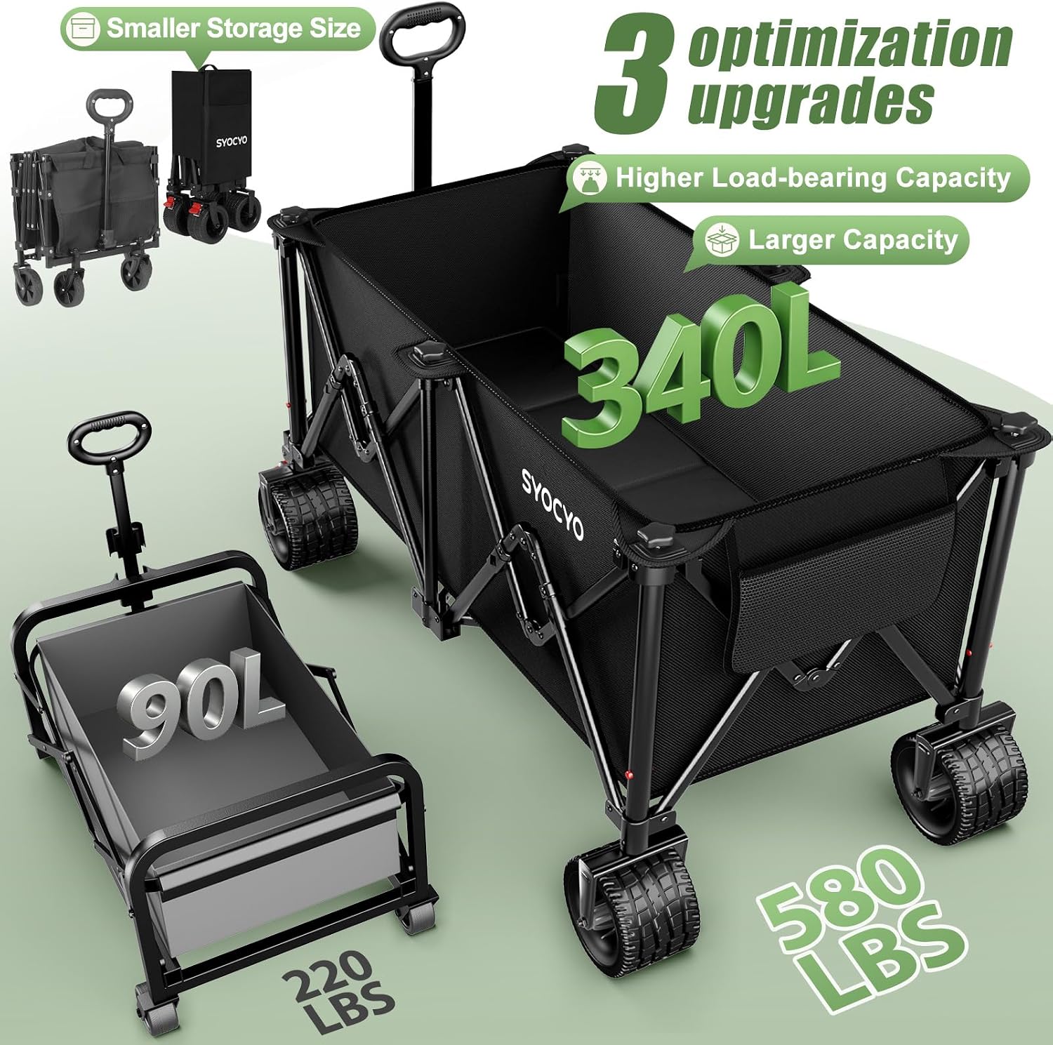 Detalle de SYOCYO SY-L Foldable Utility Wagon, 340L, 580-lb Capacity, All-Terrain Wheels