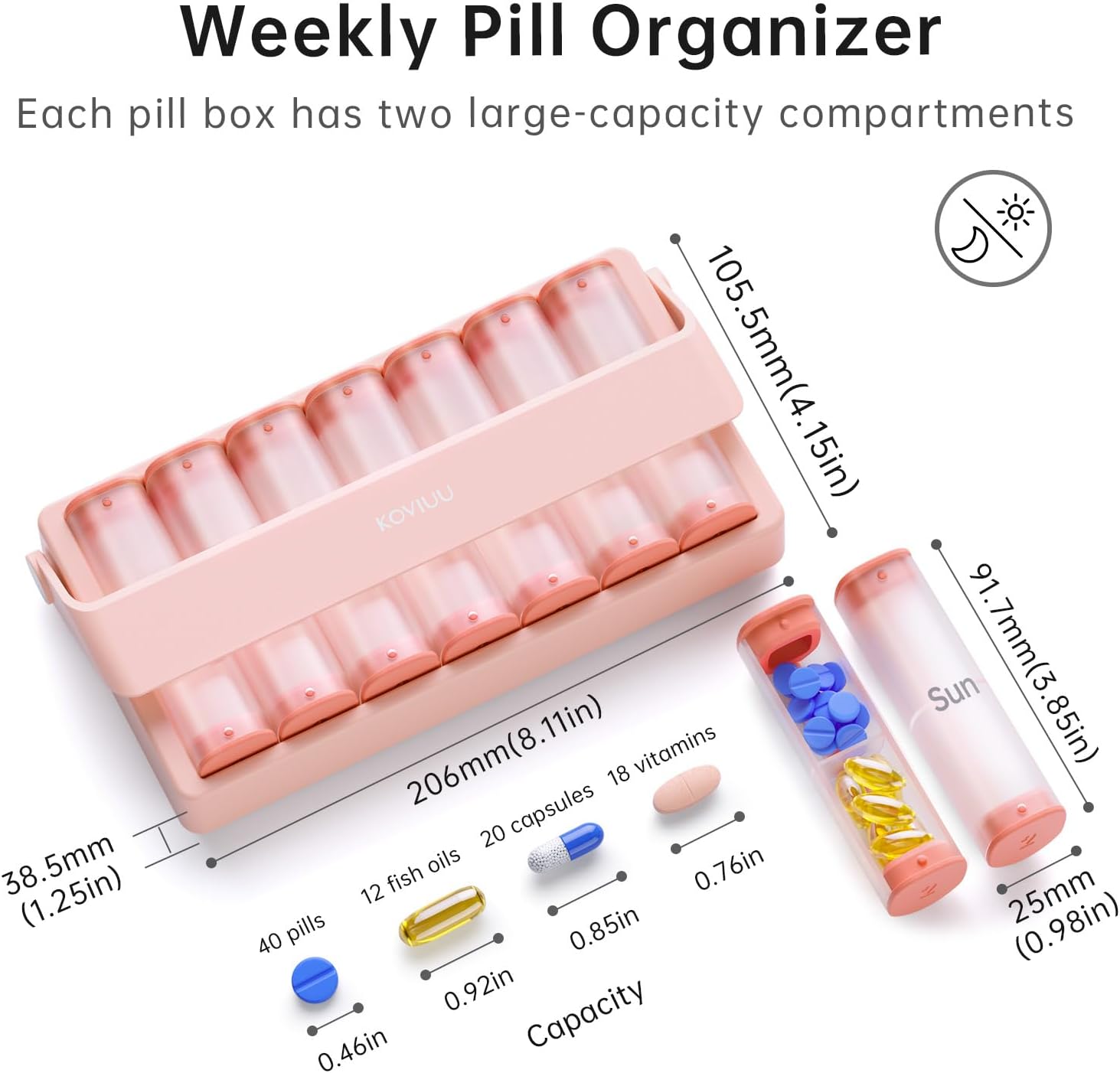 Detalle 2 de KOVIUU 7-Day Pill Organizer, AM/PM Compartments, Rotating Handle, Pink