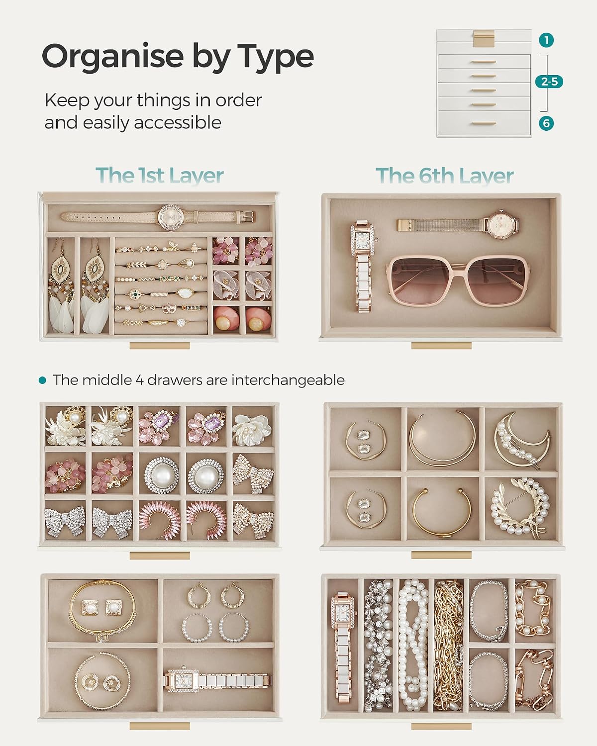 Detalle de SONGMICS Collection Jewellery Box with Glass Lid (GISELLA JBC171W01) – 6-Layer Storage, Cloud White & Gold