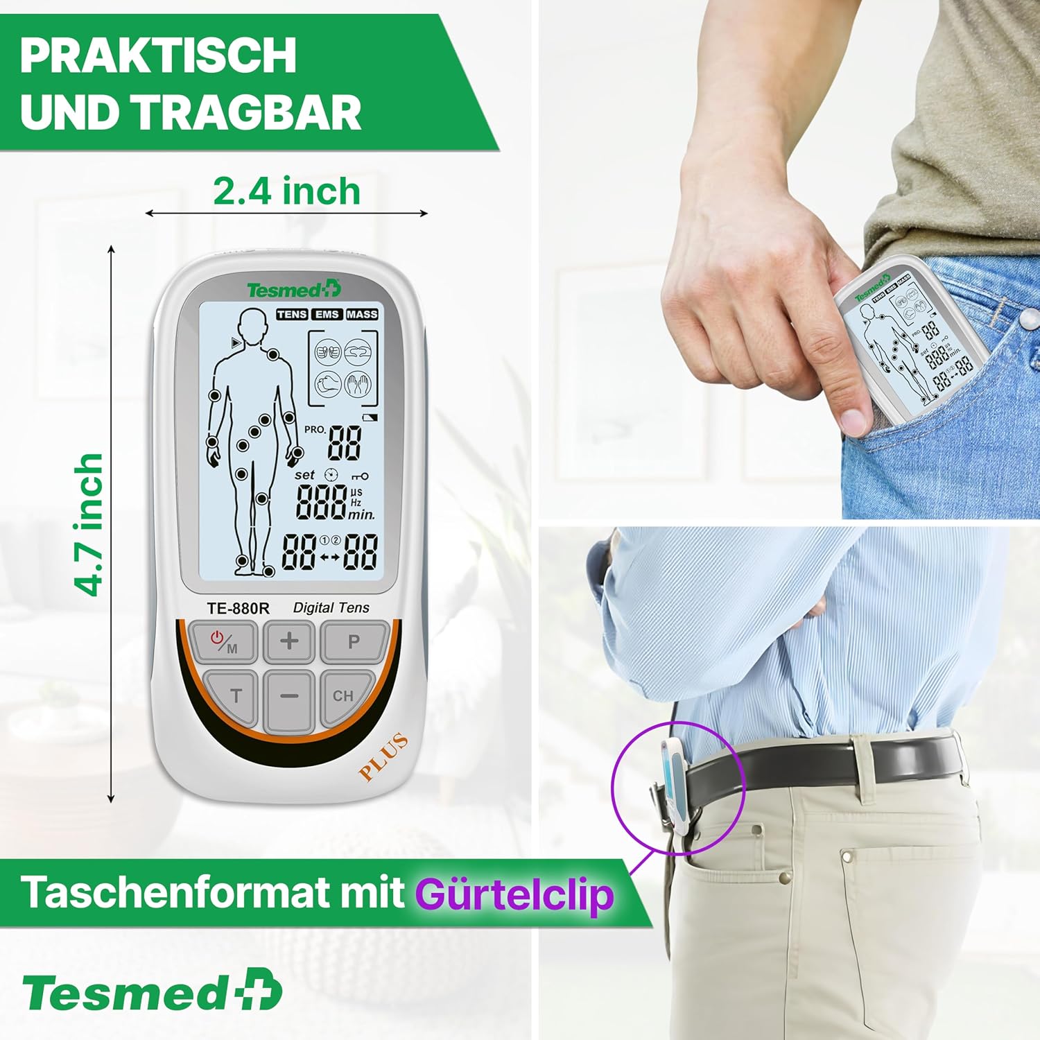 Detalle de TESMED TE-880R Plus: Wiederaufladbarer TENS EMS Gerät mit 73 Programmen und 8 Elektroden