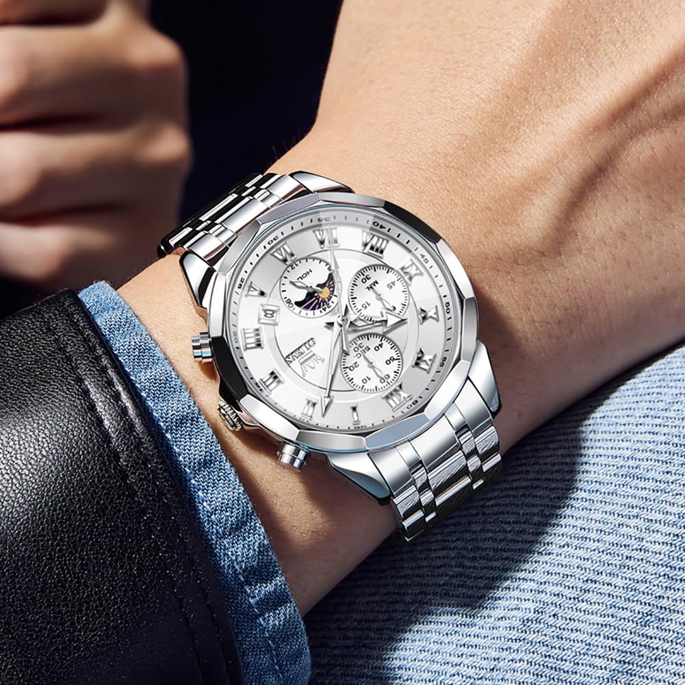 Thumbnail 4 de OLEVS Herren-Uhr Quarz Luxus Multifunktion Chronograph Mondphase Edelstahl