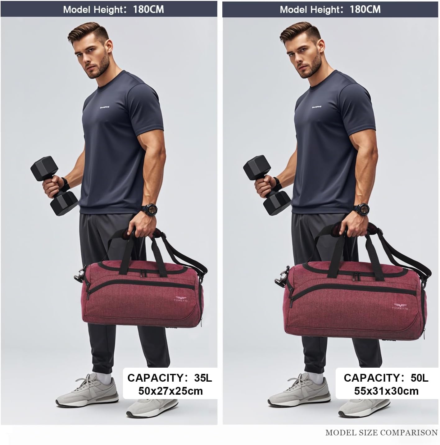 Detalle de FIORETTO 50L Sporttasche & Reisetasche mit Schuhfach und Nassfach – wasserdicht, 50 x 30 x 31 cm