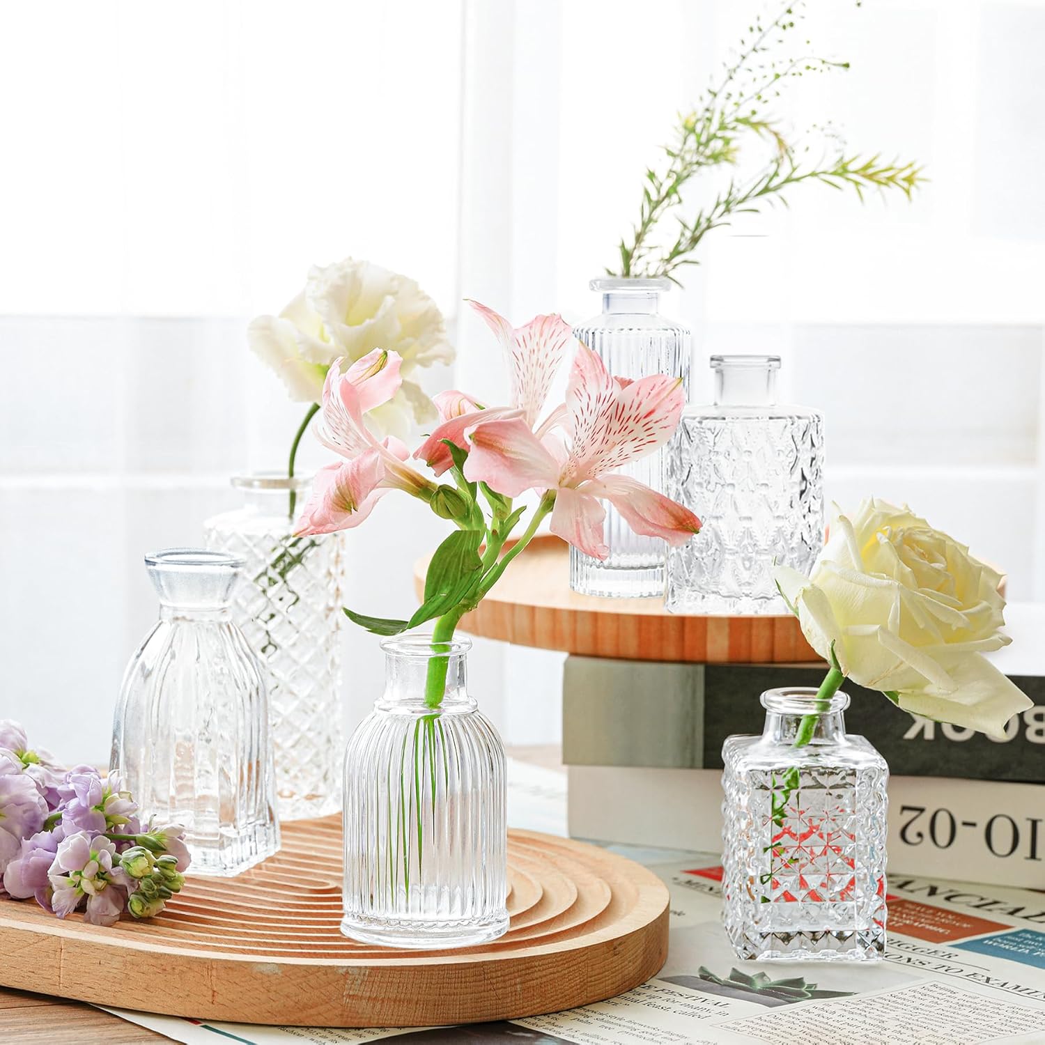 Detalle de Lot de 6 mini vases en verre ComSaf (5 × 13 cm) – vases transparents motif diamant pour fleurs décoratives
