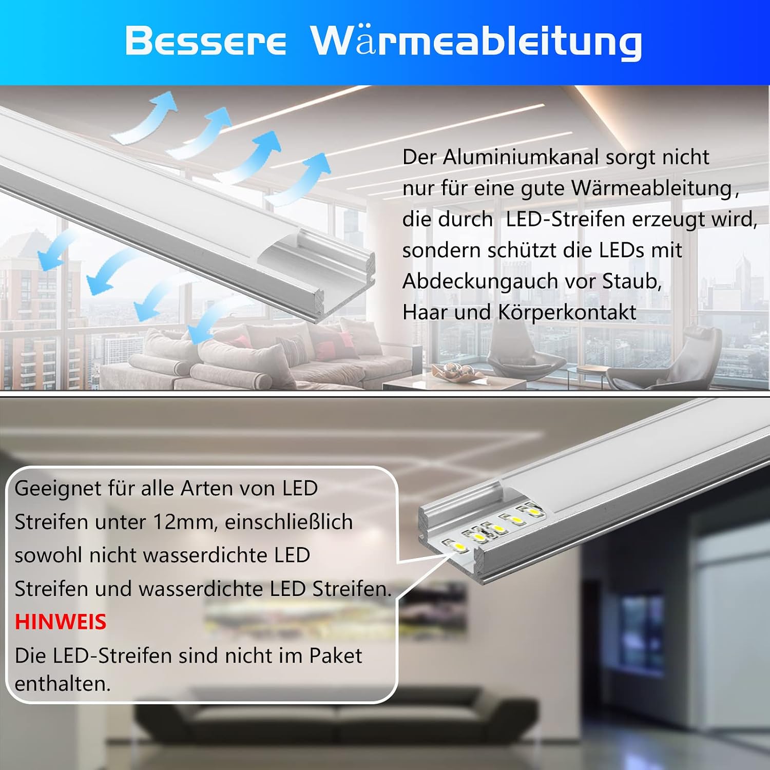 Thumbnail 2 de 20er-Set LED-Profil Aluminium (U-Form) 20 x 1 m mit milchiger Abdeckung – für LED-Strips