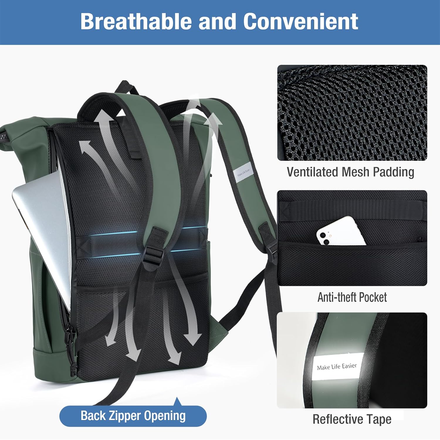 Thumbnail 4 de Lekeinchi Rolltop Rucksack wasserdicht – Laptop-Rucksack für 17 Zoll, Rolltop-Daypack (grün, XL)
