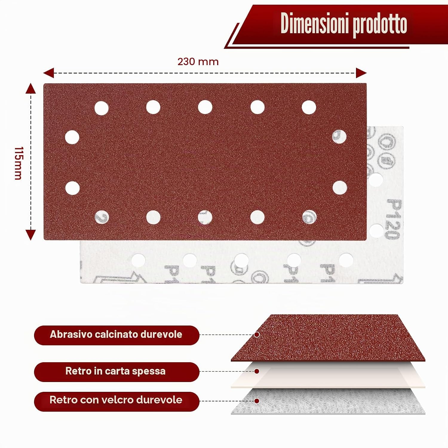 Thumbnail 2 de BIGP 50 Fogli abrasivi assortiti 230x115 mm, G40–G240, 14 fori | Adesivo, 50 pezzi