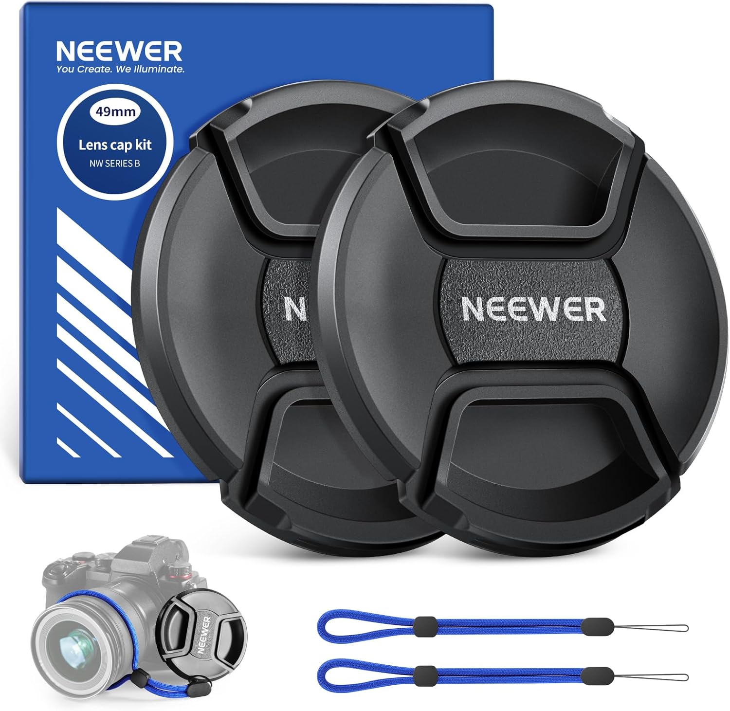 NEEWER lot de 2 capuchons d’objectif 49 mm avec sangle anti-perte et chiffon de nettoyage