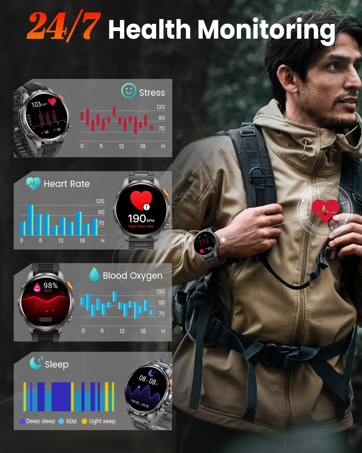 Thumbnail 4 de BANLVS Military Smart Watch for Men with 100 Days Battery, LED Flashlight, Heart Rate & SpO2