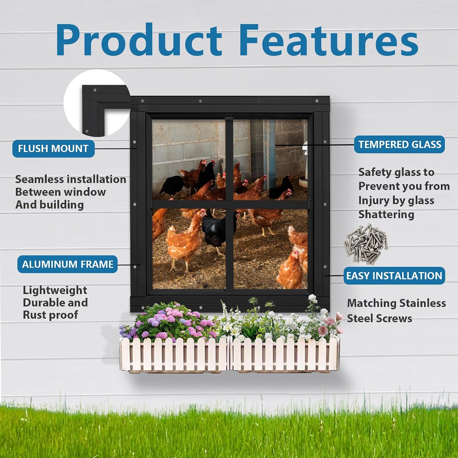 Thumbnail 2 de ktondic 2 Pack Shed Window 18"x27" Black Flush Mount — Durable Aluminum, Tempered Glass & Fiberglass Screen