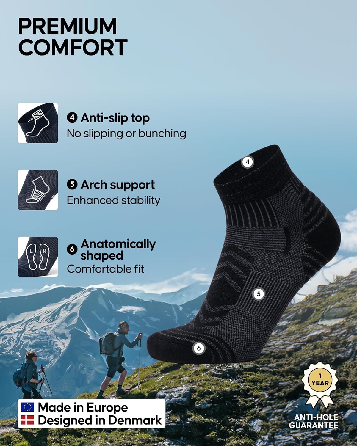 Detalle de DANISH ENDURANCE Hiking Socks – Breathable Merino Low-Cut, 3 Pack