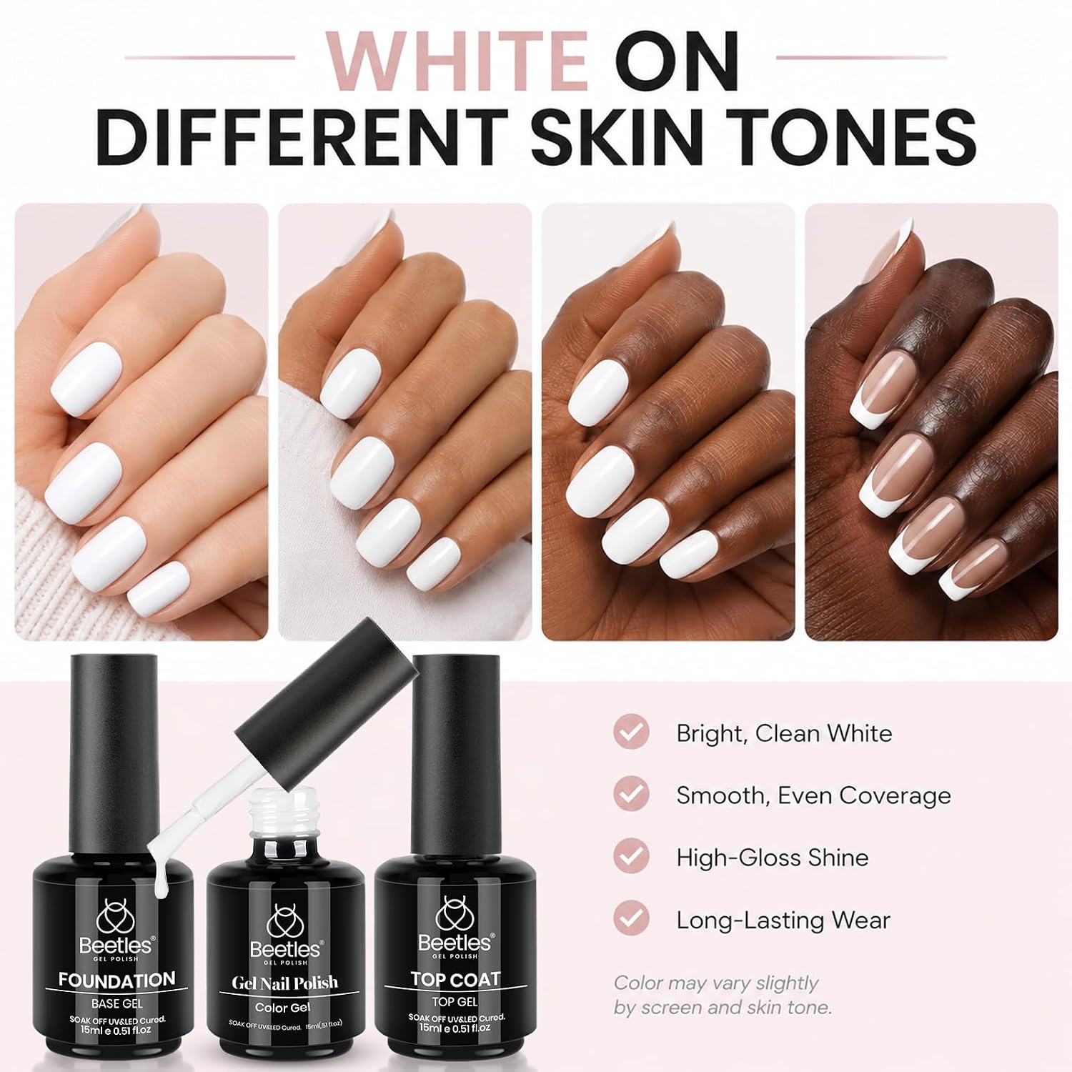 Detalle de Beetles 3Pcs 15ml White Gel Nail Polish and No Wipe Gel Top Coat & Base Coat Set
