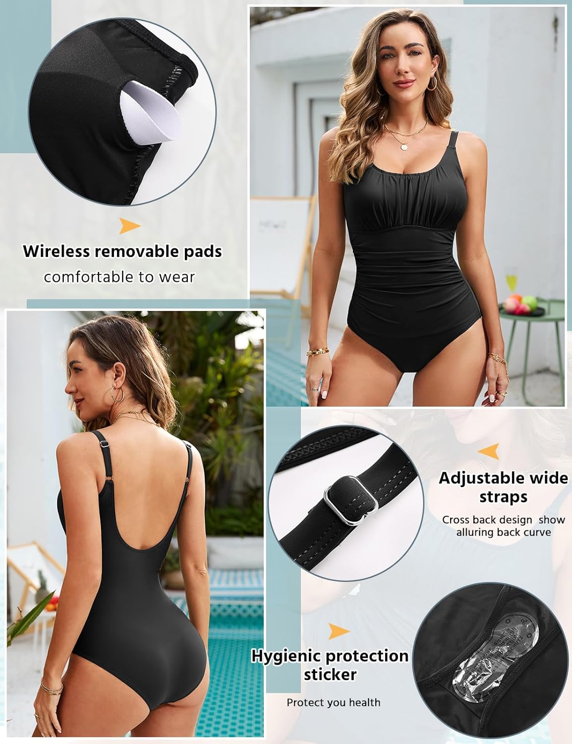 Thumbnail 5 de Vancavoo costume da bagno intero donna push up a vita alta con spalline regolabili
