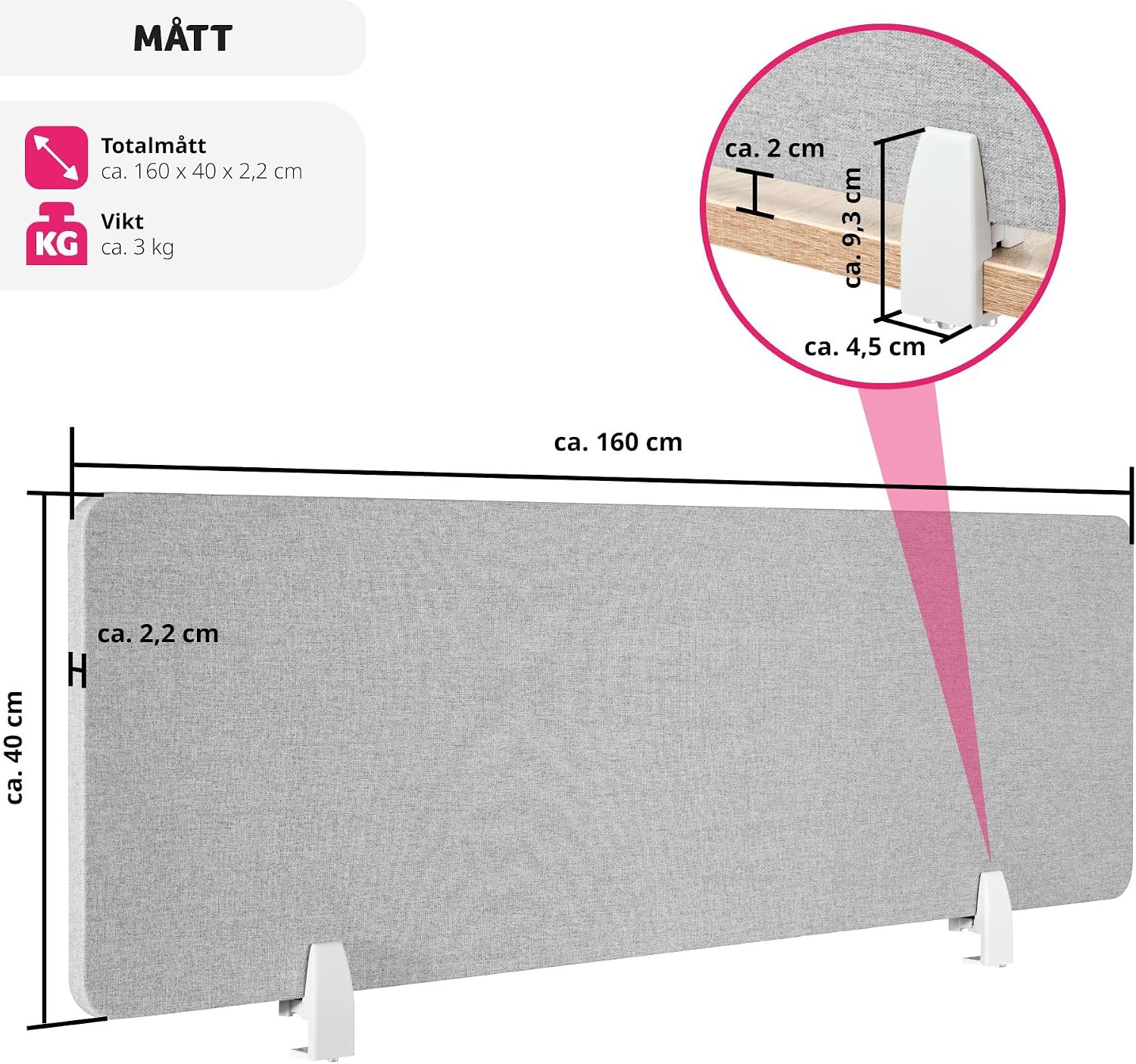 Detalle 2 de tectake 405120 skrivbordsskärm 160 × 40 cm med PET-kärna och polyester