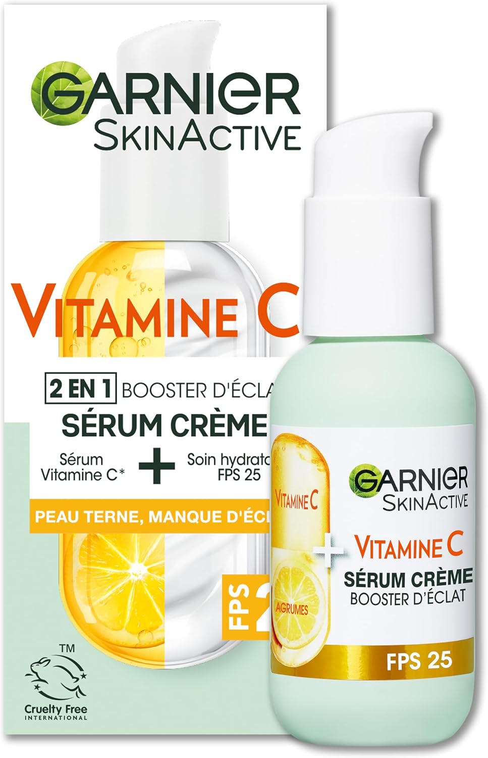 Detalle de GARNIER Skin Active Sérum Crème Booster d'Éclat 2-En-1 – Hydratation 72h, FPS 25, Vitamine C & Agrumes – Vegan & Cruelty Free