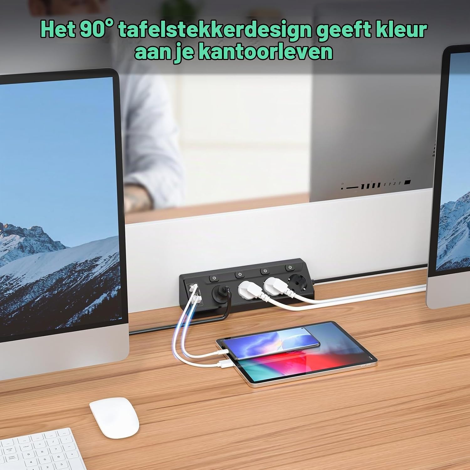 Detalle de HITRENDS Hoekstopcontact-Zwart: stekkerdoos met 4 stopcontacten en 4 USB-poorten