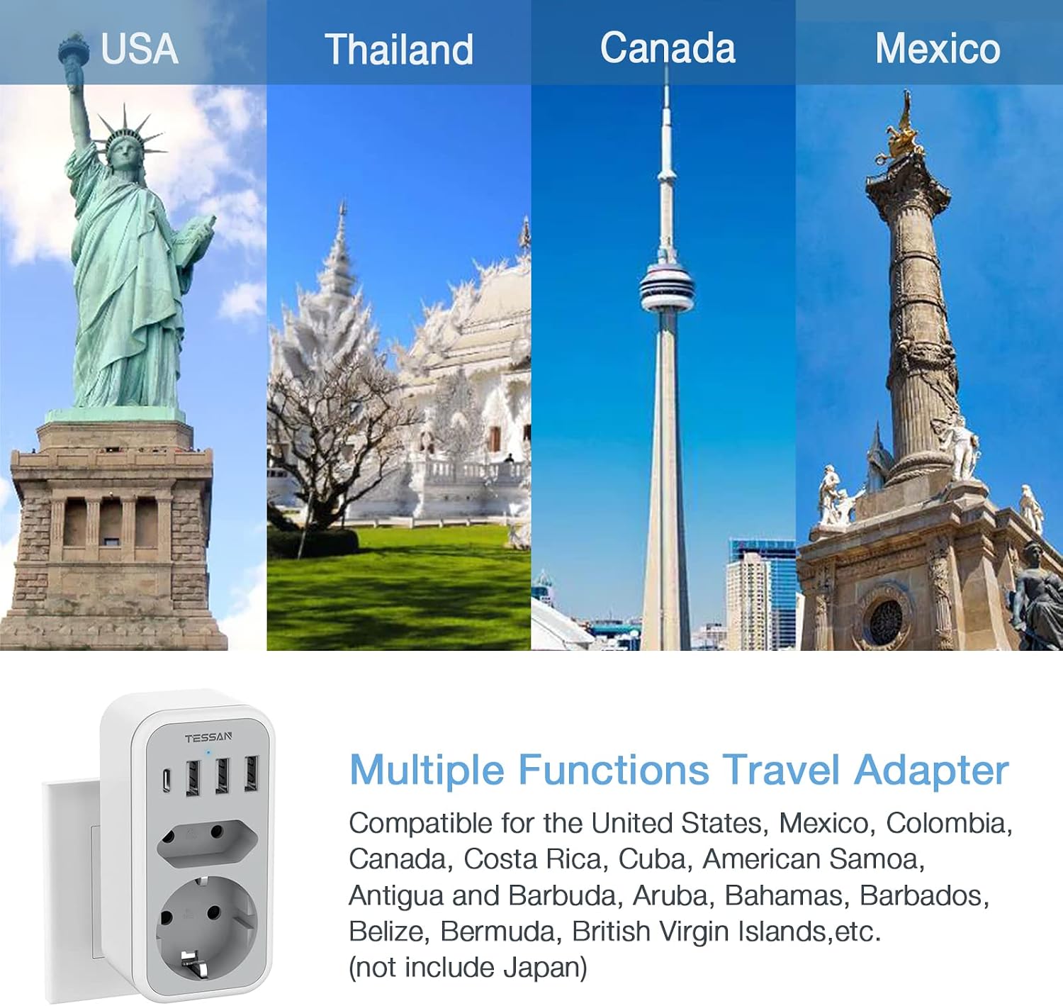 Thumbnail 2 de Adattatore presa Americana 6 in 1 di TESSAN: 1 USB-C, 3 USB e 1 presa AC/US con indicatore luminoso