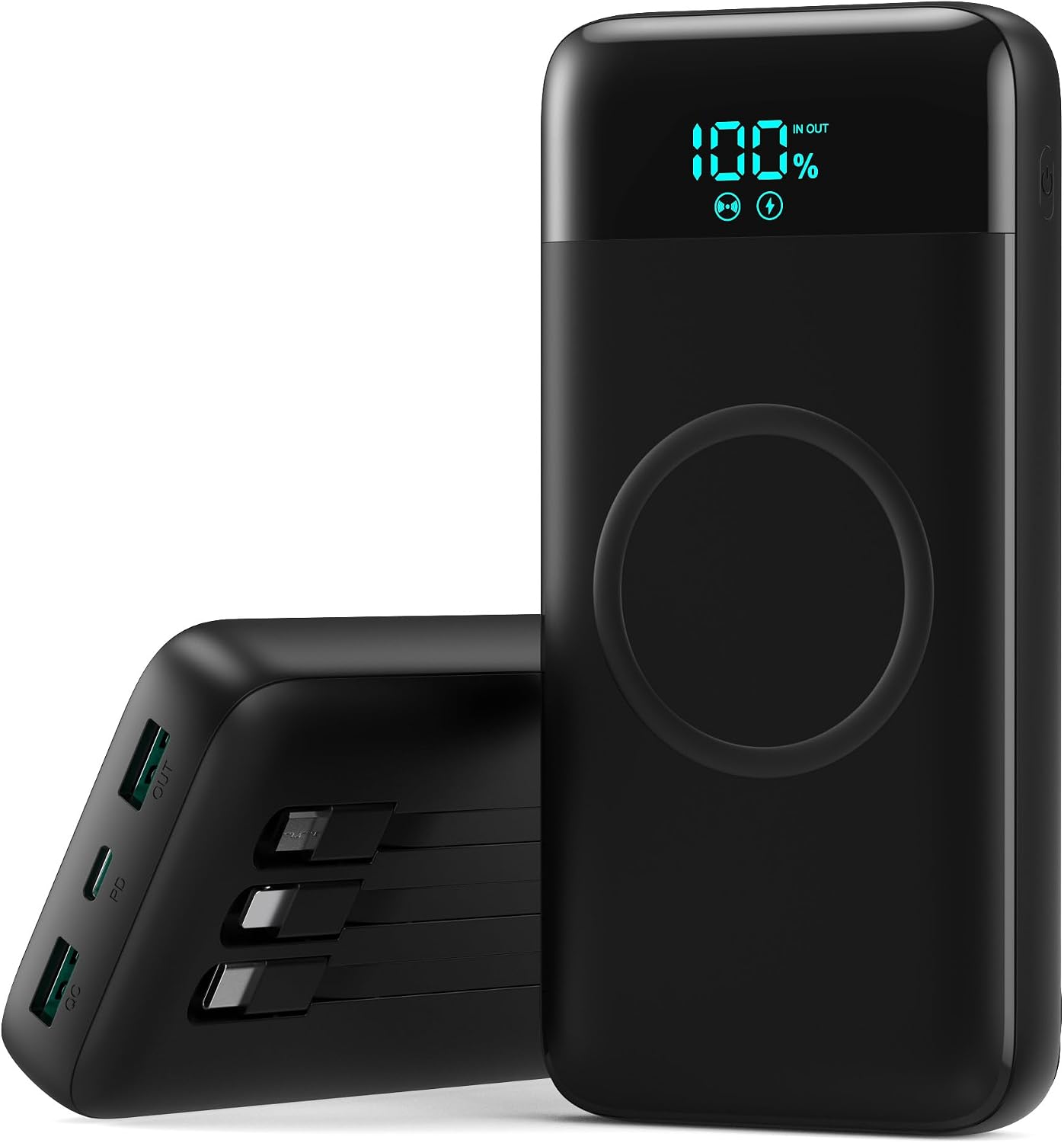 Detalle de Wireless Power Bank 26800mAh 7-in-1 mit LCD-Display, 25W PD3.0 + QC4.0, 6 Ausgängen und integriertem Kabelset