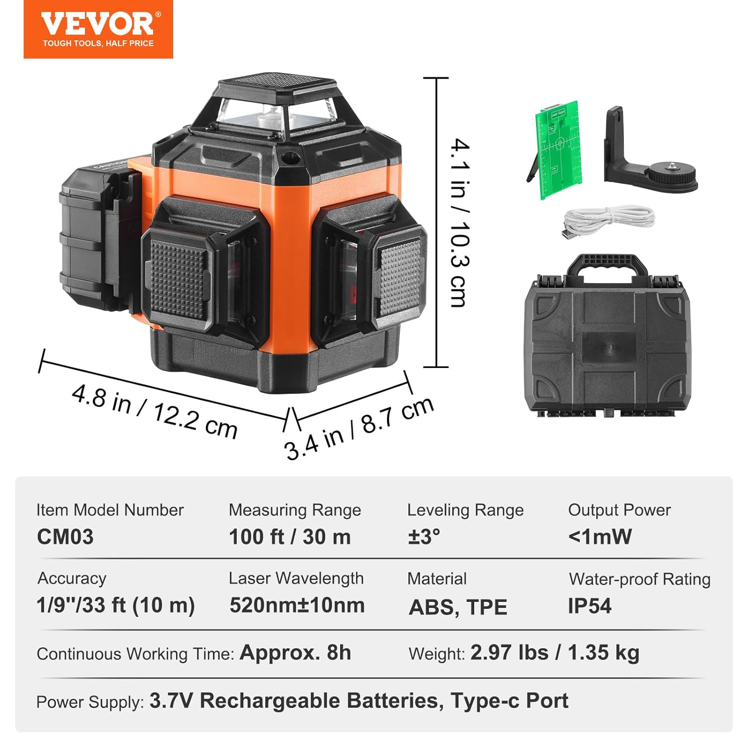 Thumbnail 6 de VEVOR Niveau Laser 30 m – Niveau Laser 360° avec 3 Lignes Croisées Vertes, Autonivelant, Batterie USB-C