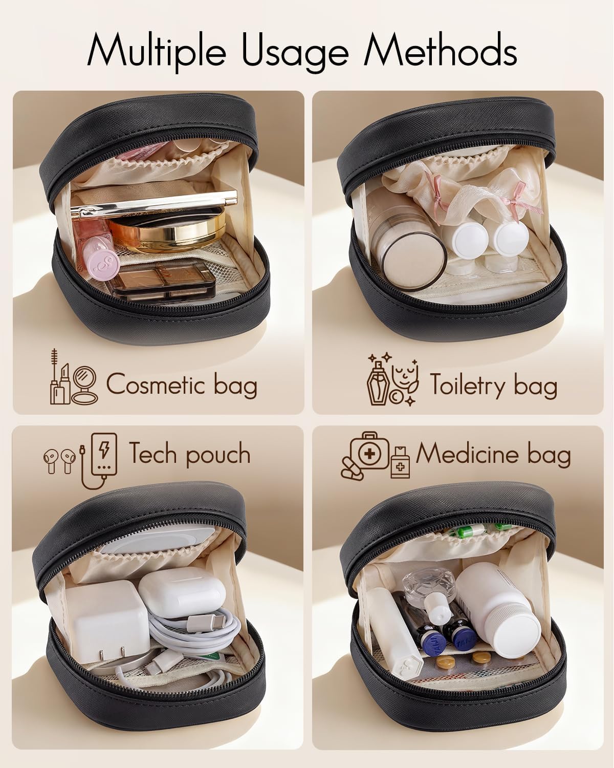 Thumbnail 1 de Make up Bag for Purse: Waterpoof Travel Toiletry Bag in Black-Toothpick Grain