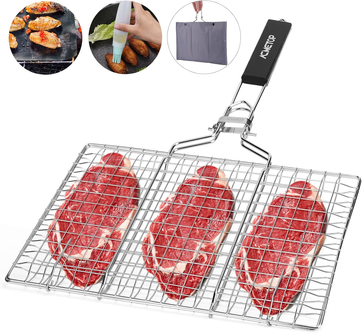 ACMETOP Portable BBQ Grill Basket (Stainless Steel) for fish, veg & shrimp