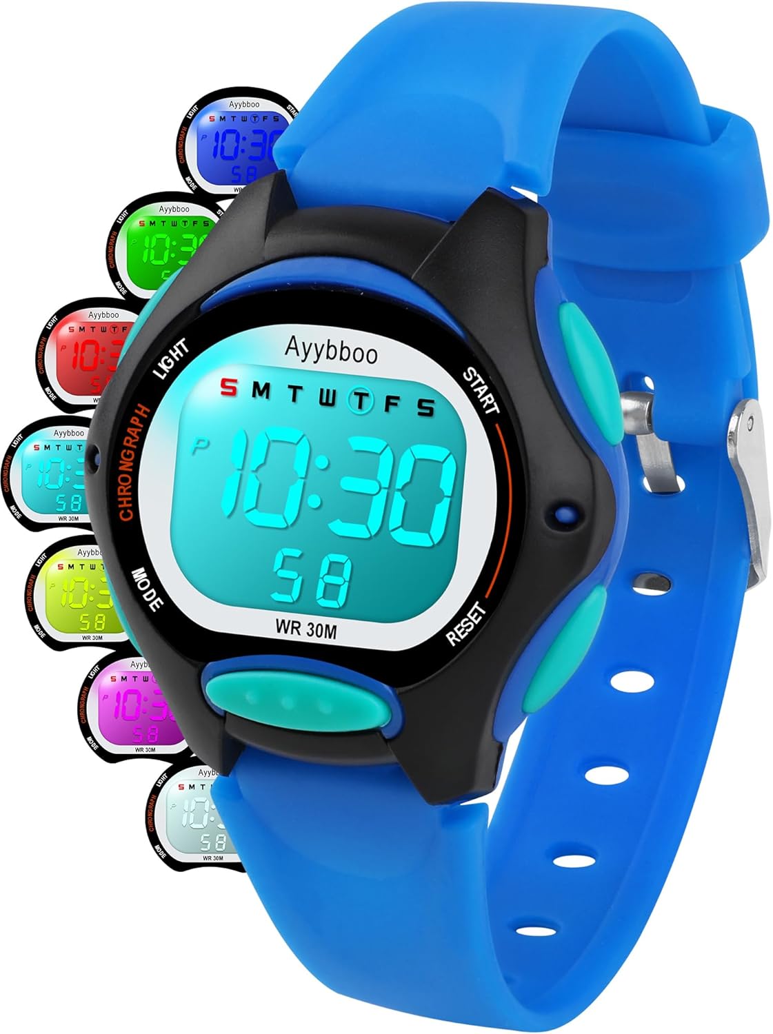 Thumbnail 6 de Ayybboo Montre enfant numérique garçon/fille étanche 30 m – LED 7 couleurs, alarme et chronomètre