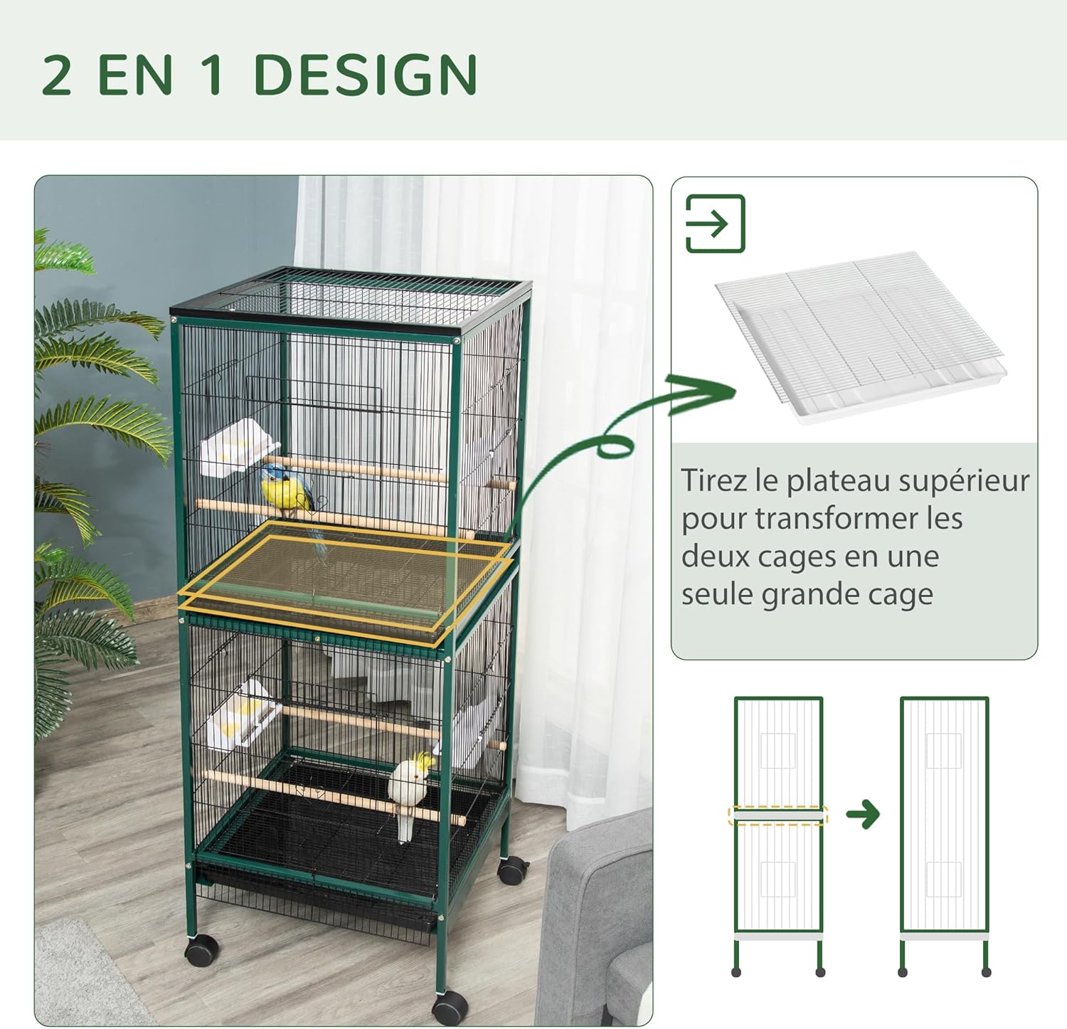 Detalle de PawHut Grande Cage à Oiseaux sur Pied – Volière double avec plateaux amovibles et roulettes